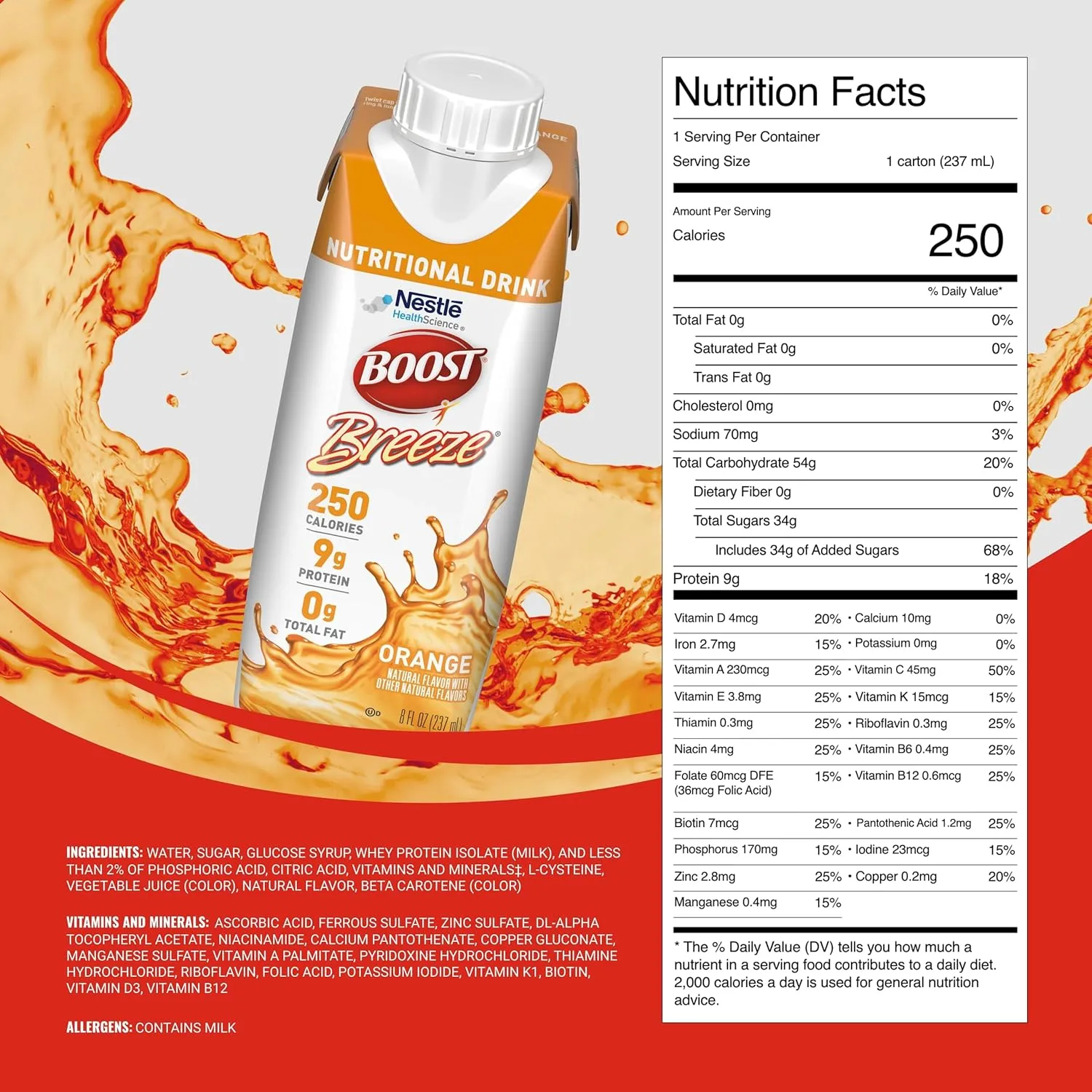 BOOST Breeze Clear Nutritional Drink - 250 Calories - 19 Vitamins & Minerals - 9 g Protein – Fortified Clear Nutritional Drink with Vitamin A & Zinc - Orange Flavor - 8 fl oz (Pack of 24)