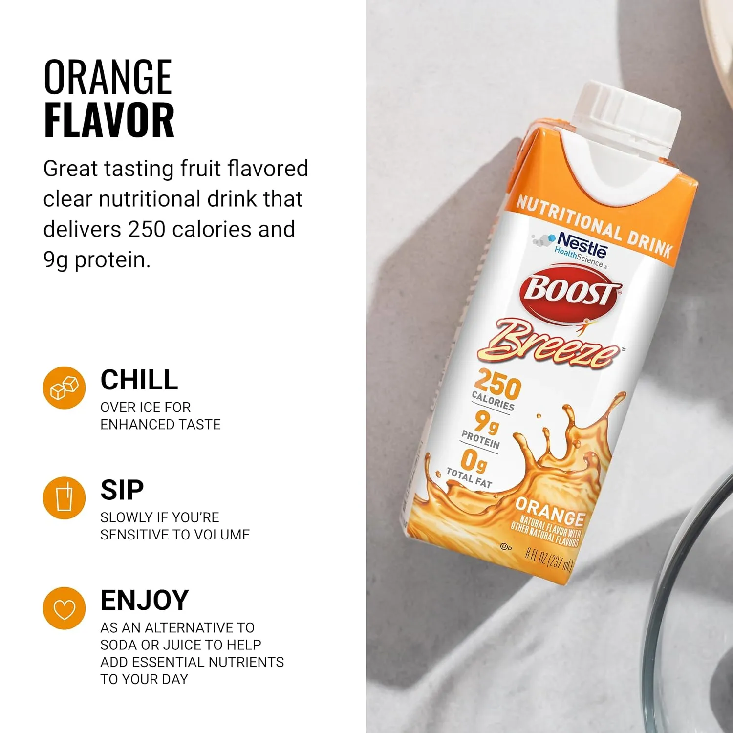 BOOST Breeze Clear Nutritional Drink - 250 Calories - 19 Vitamins & Minerals - 9 g Protein – Fortified Clear Nutritional Drink with Vitamin A & Zinc - Orange Flavor - 8 fl oz (Pack of 24)