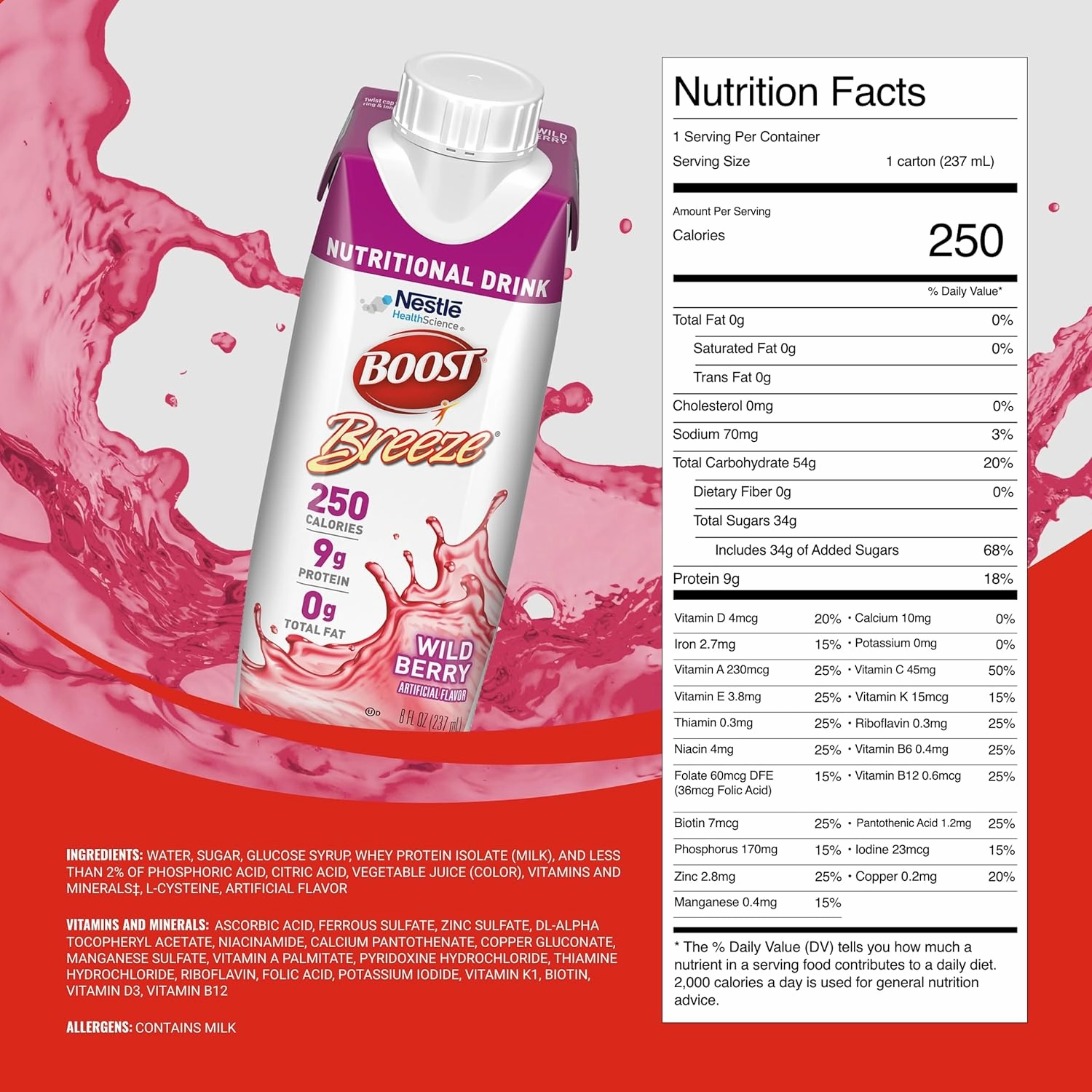 BOOST Breeze Clear Nutritional Drink - 250 Calories - 19 Vitamins & Minerals - 9 g Protein – Fortified Clear Nutritional Drink with Vitamin A & Zinc - Wild Berry Flavor - 8 fl oz (Pack of 24)