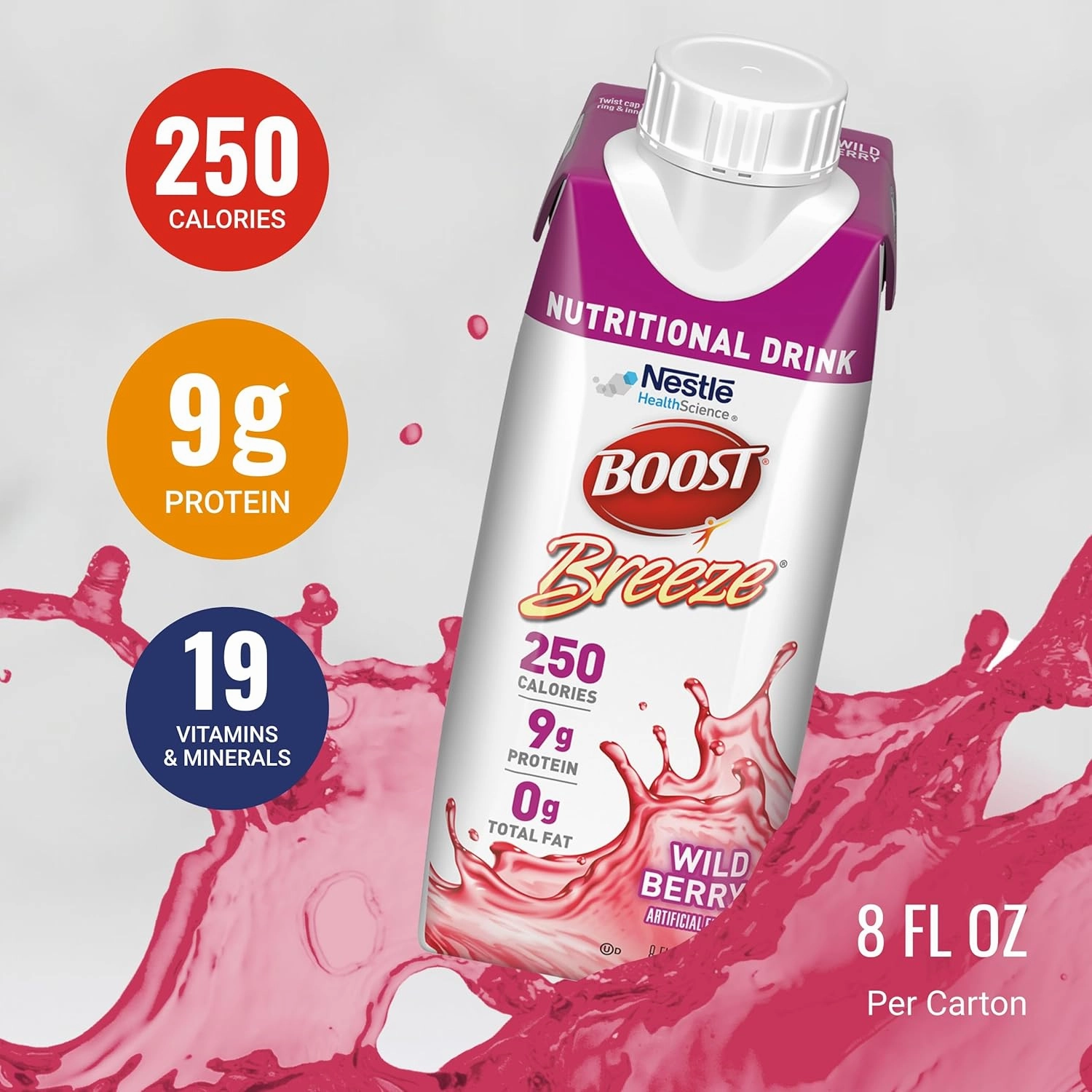 BOOST Breeze Clear Nutritional Drink - 250 Calories - 19 Vitamins & Minerals - 9 g Protein – Fortified Clear Nutritional Drink with Vitamin A & Zinc - Wild Berry Flavor - 8 fl oz (Pack of 24)