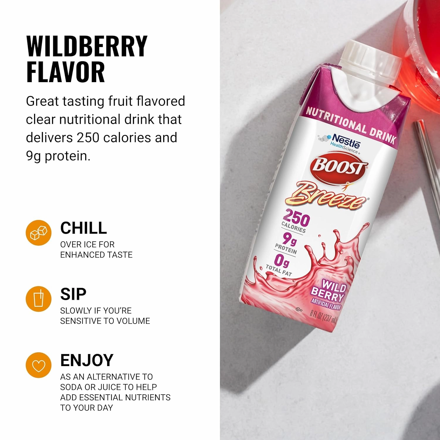 BOOST Breeze Clear Nutritional Drink - 250 Calories - 19 Vitamins & Minerals - 9 g Protein – Fortified Clear Nutritional Drink with Vitamin A & Zinc - Wild Berry Flavor - 8 fl oz (Pack of 24)