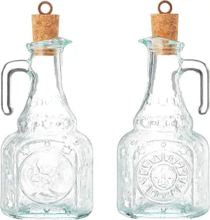 Bormioli Rocco Set Of 2 Country Home Helios Oil Bottle, 8-ounce With All Natural Cork Lid, Blue-green Tinted Star Glass, Elegant And Floral Design Made In Italy.
