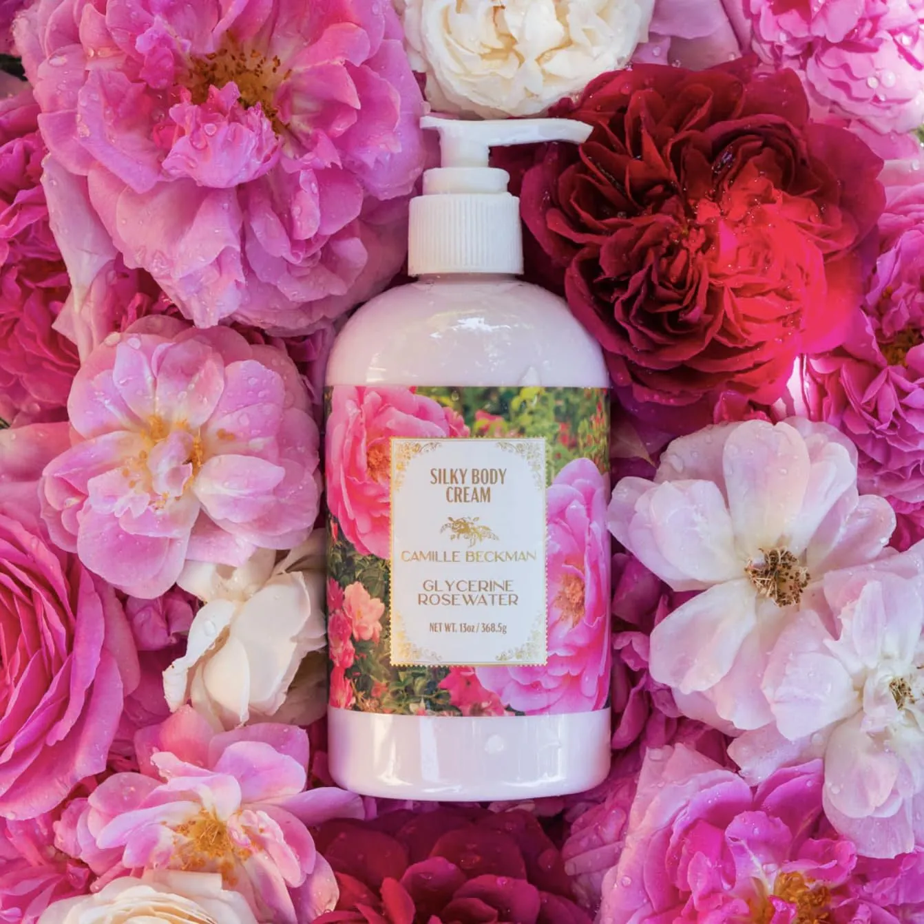 Camille Beckman Glycerine Rosewater Scented Silky Body Cream, Daily Moisturizer for All Skin Types | Non-Greasy Vegan Formula to Nourish and Soften Hands and Body, 13 Ounce