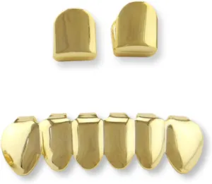 Careland Gold Grillz Hip Hop Gold Plated 2pcs Single Top and 6pcs Bottom Teeth Grillz for Men   2 Extra Molding Bars