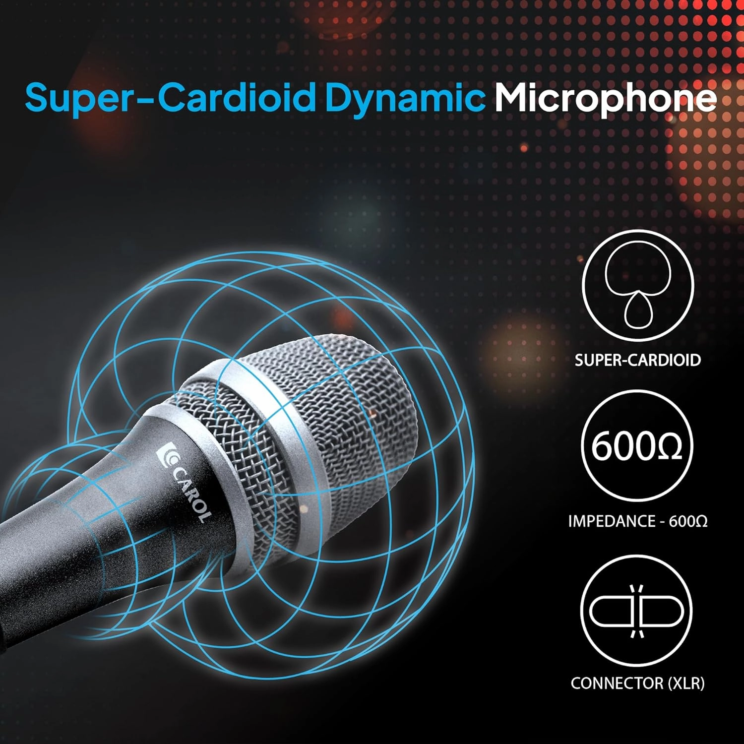 CAROL AC-900 XLR Wired Vocal Microphone – Dynamic Supercardioid Mic with Dual-Engine AHNC Noise Cancelling Tech for Singing, Karaoke, Stage & Studio, Includes Mic Clip & 14.8ft XLR Cable - Black
