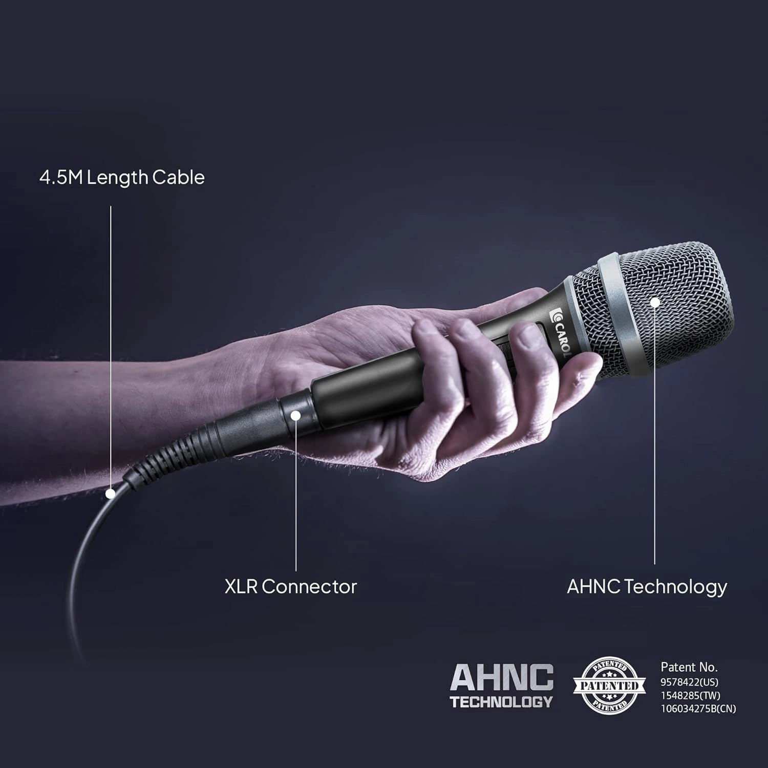 CAROL AC-900 XLR Wired Vocal Microphone – Dynamic Supercardioid Mic with Dual-Engine AHNC Noise Cancelling Tech for Singing, Karaoke, Stage & Studio, Includes Mic Clip & 14.8ft XLR Cable - Black