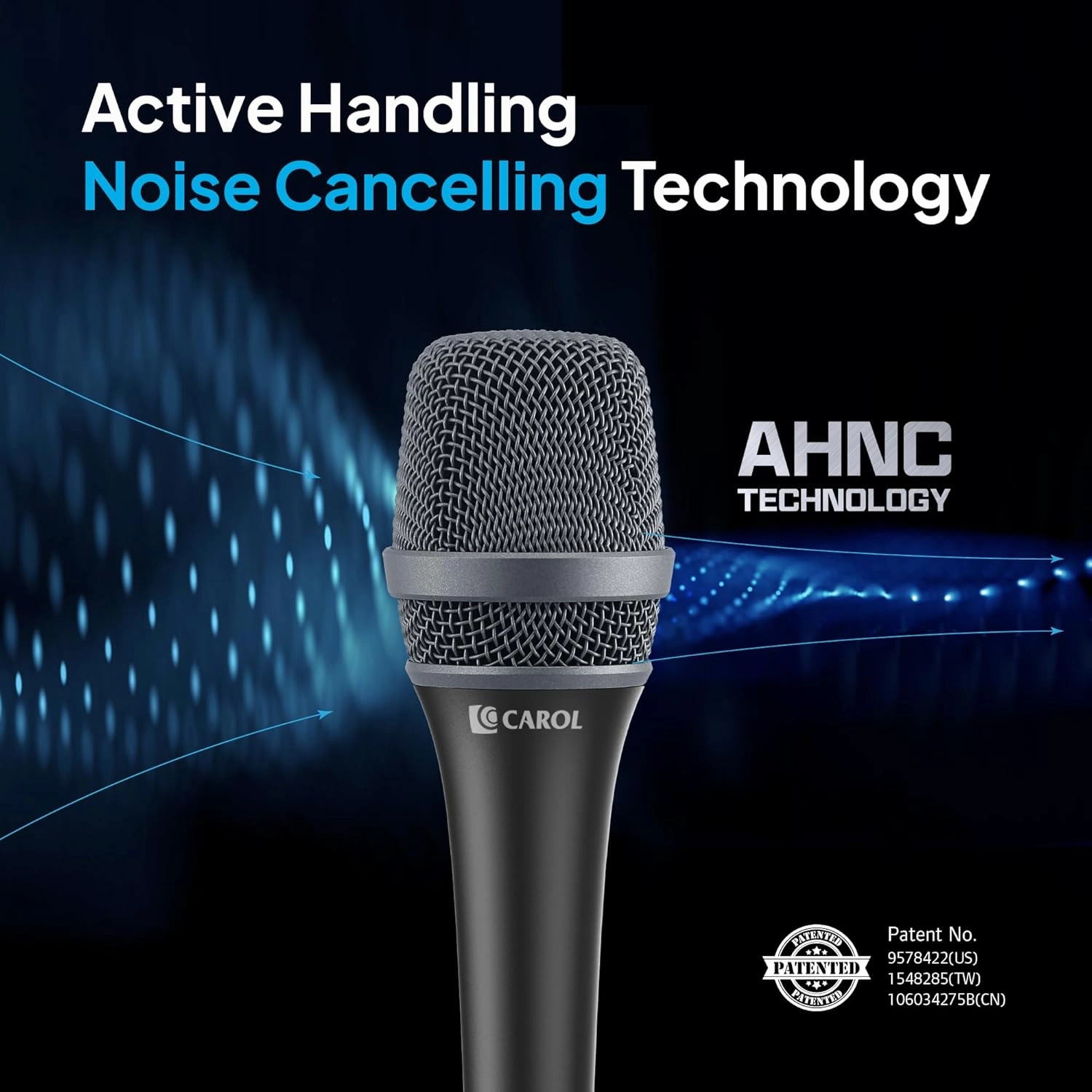 CAROL AC-900 XLR Wired Vocal Microphone – Dynamic Supercardioid Mic with Dual-Engine AHNC Noise Cancelling Tech for Singing, Karaoke, Stage & Studio, Includes Mic Clip & 14.8ft XLR Cable - Black