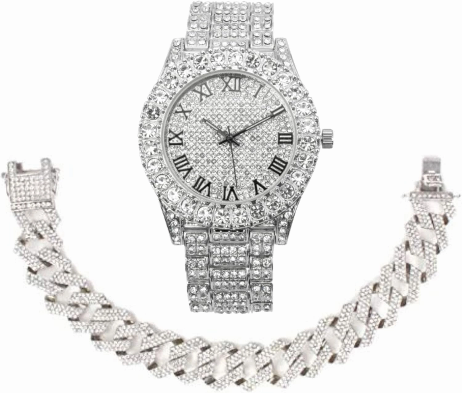 Charles Raymond Silver Bling'ed Out Mens Watches on Blast w/Zig Zag Bling'ed Out Necklace & Bracelet Sets - New Cuban Z Links w/3 Row Diamonds on Each Side - ST102SSeries