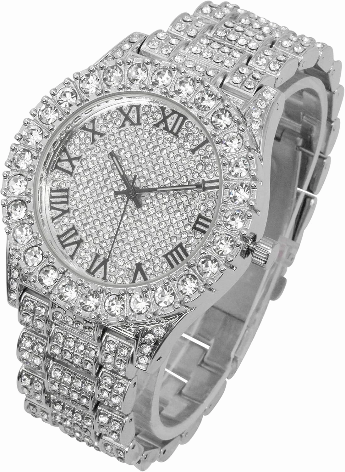 Charles Raymond Silver Bling'ed Out Mens Watches on Blast w/Zig Zag Bling'ed Out Necklace & Bracelet Sets - New Cuban Z Links w/3 Row Diamonds on Each Side - ST102SSeries