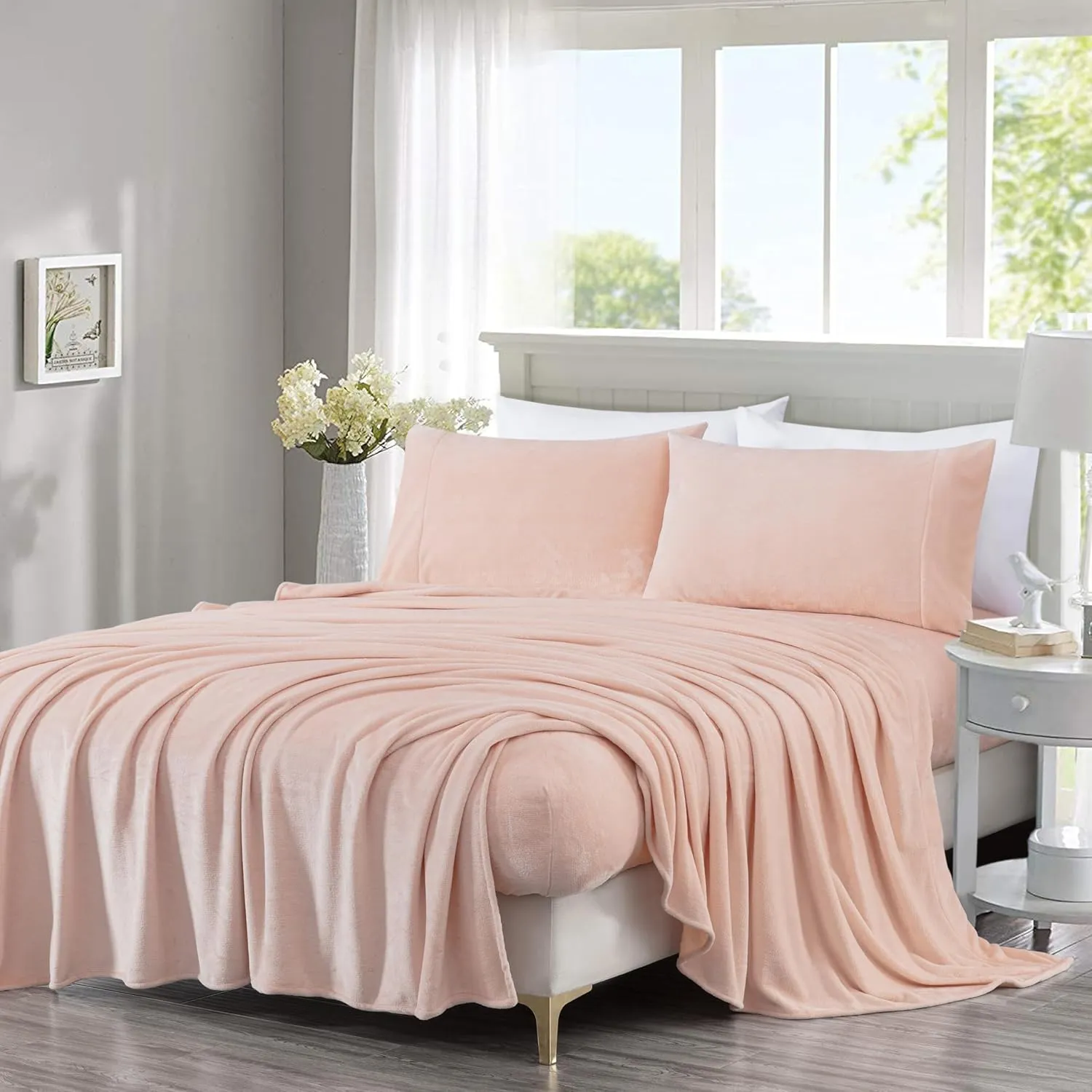 Chezmoi Collection Extra Soft Fleece Sheet Set Queen, Microplush Non-Pilling Velvety Bed Sheet, Deep Pocket - Lightweight All Season Warmth, Queen, Blush Pink