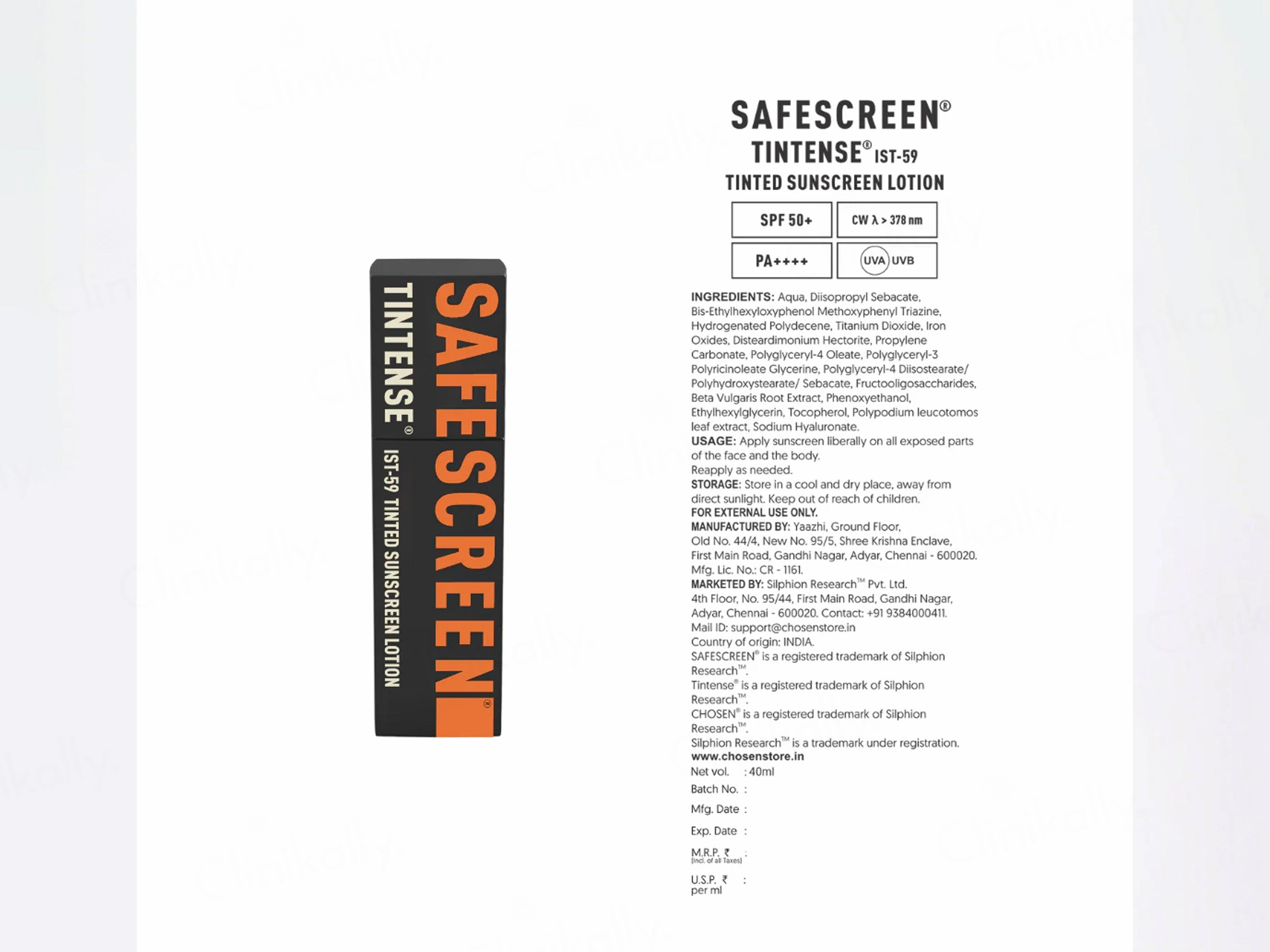 Chosen Safescreen Tintense IST-59 Tinted Sunscreen Lotion SPF 50  PA    