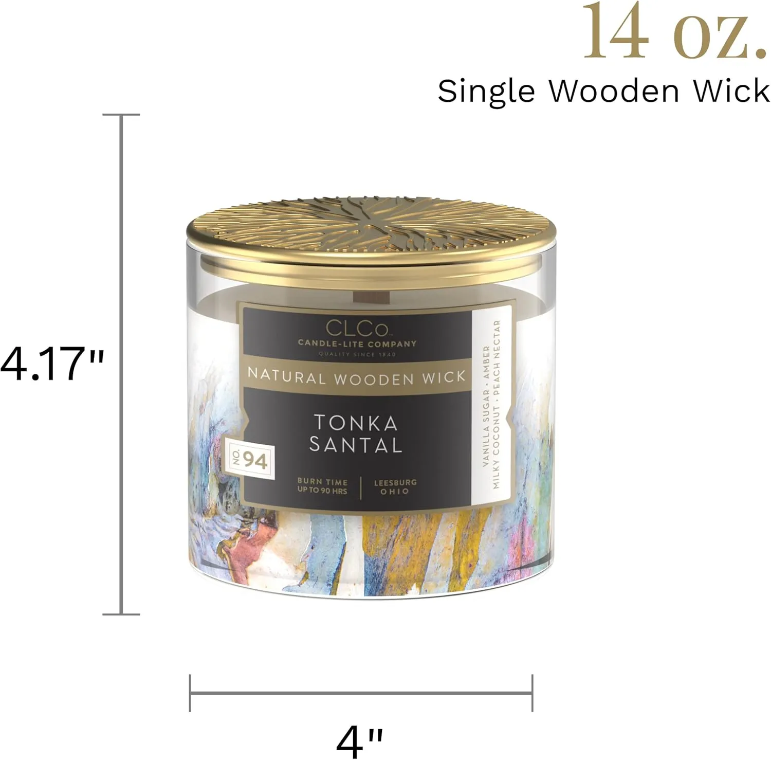 CLCo. by Candle-Lite Company Scented Candles, Tonka Santal Fragrance, One 14 oz. Single Wooden Wick Aromatherapy Candle with 90 Hours of Burn Time, White Color