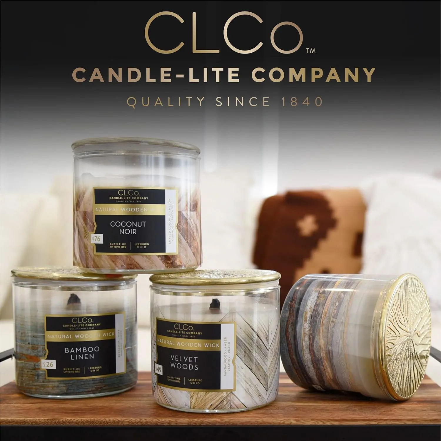 CLCo. by Candle-Lite Company Scented Candles, Tonka Santal Fragrance, One 14 oz. Single Wooden Wick Aromatherapy Candle with 90 Hours of Burn Time, White Color