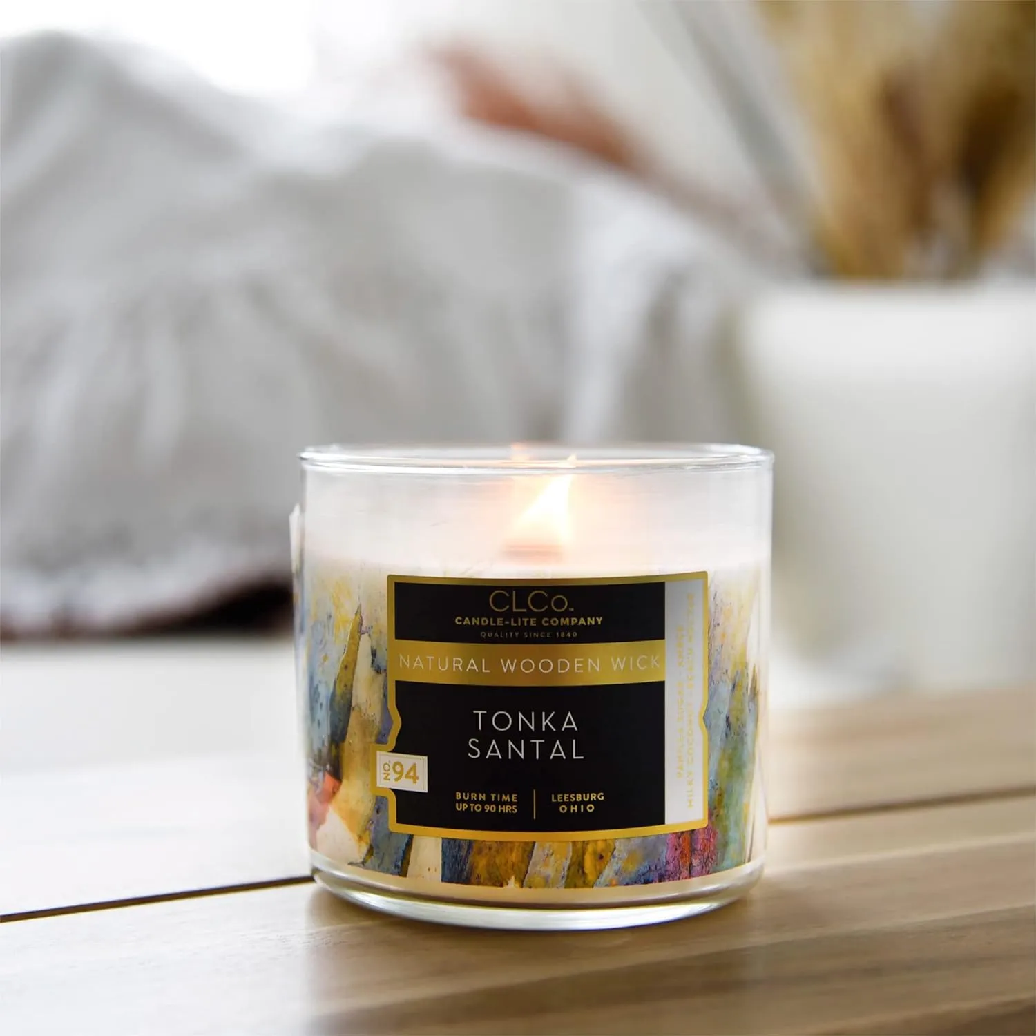 CLCo. by Candle-Lite Company Scented Candles, Tonka Santal Fragrance, One 14 oz. Single Wooden Wick Aromatherapy Candle with 90 Hours of Burn Time, White Color