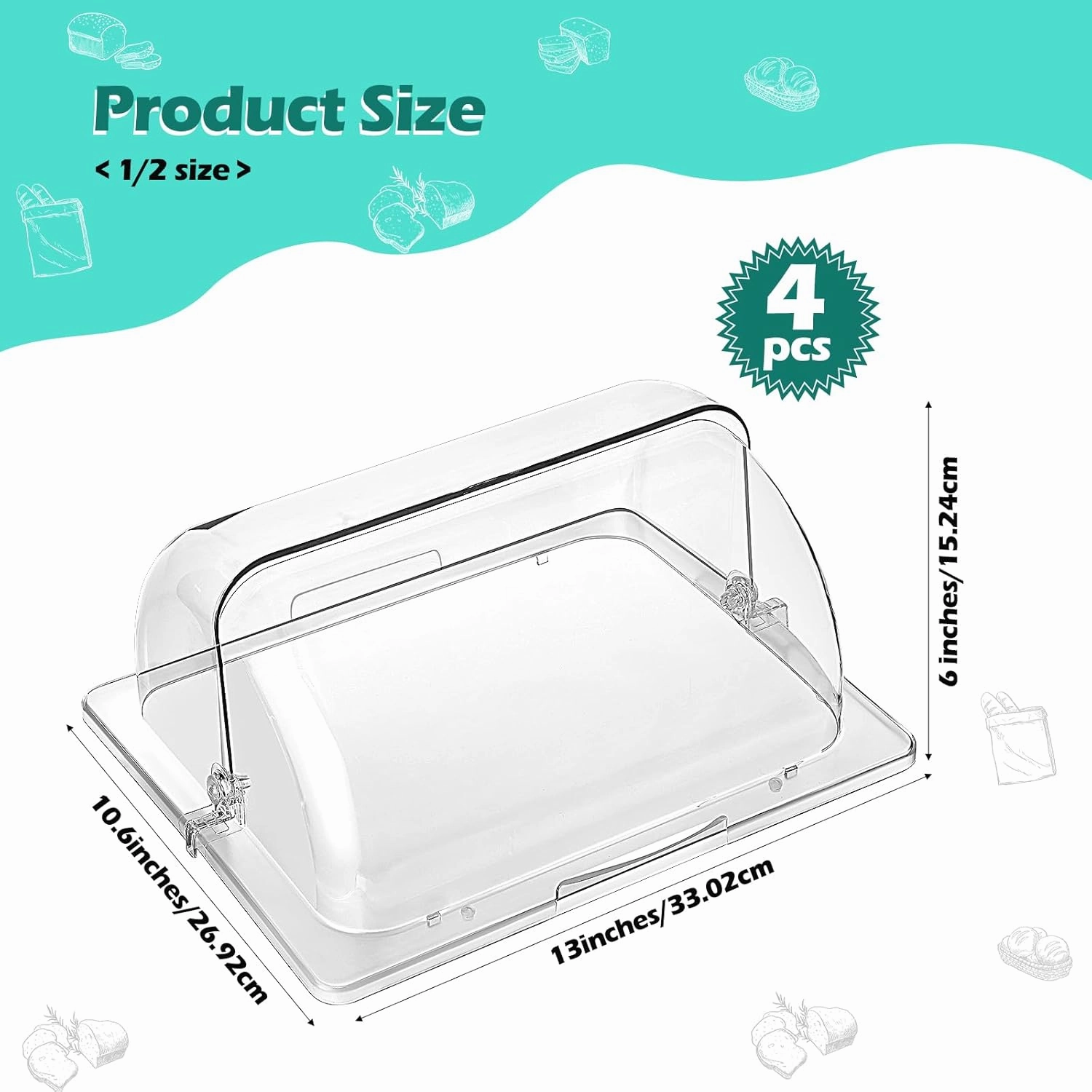 Clear Chafing Dish Cover Half Size Roll Top Bakery Pan Display 1/2 Plastic Chafing Dessert Cake Food Display Cover for Cupcake Exhibition(4 Pcs)