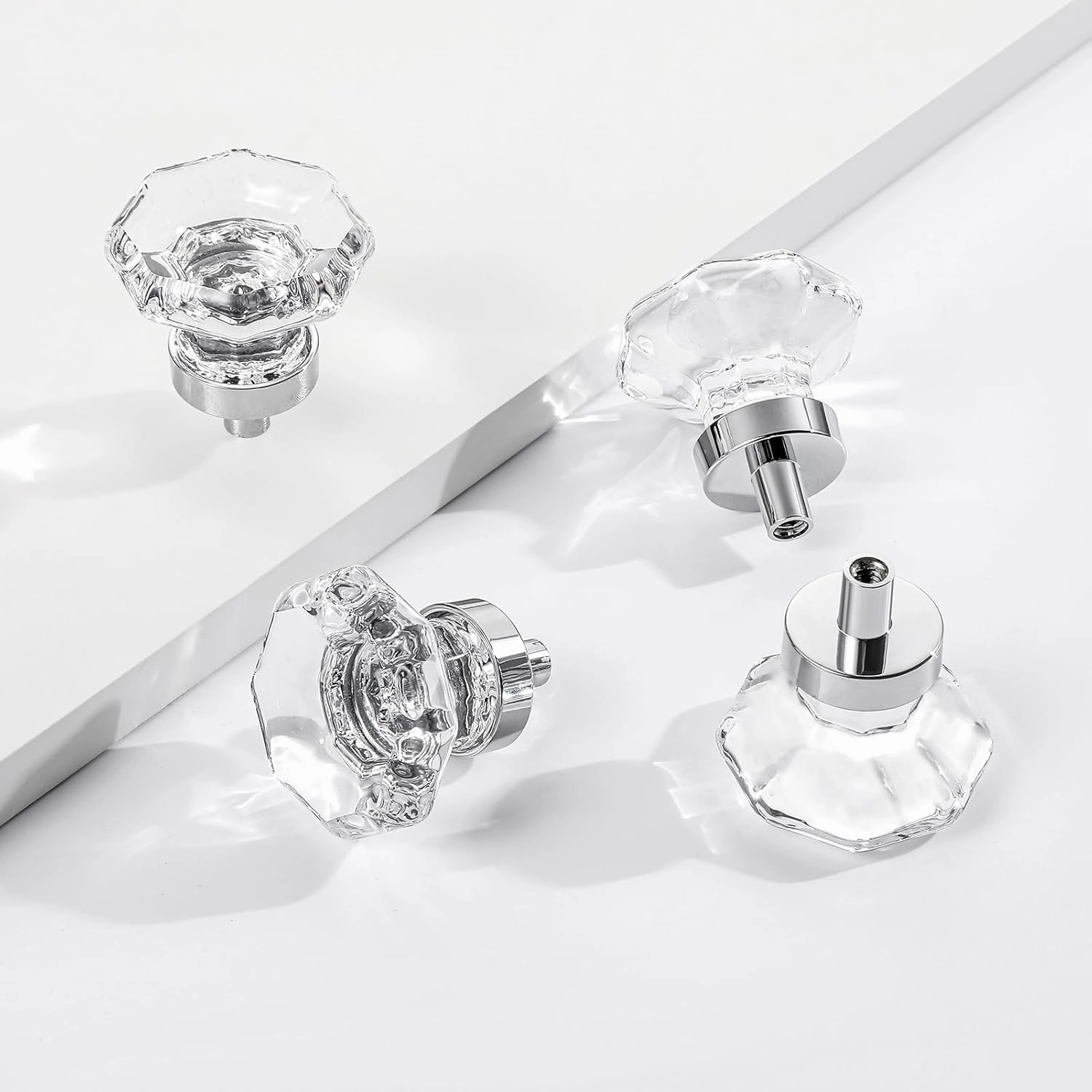 Clear Crystal Drawer Pulls and Knobs, Polished Chrome Glass Knobs for Cabinets Dresser Drawers Bathroom Kitchen, Octagon 16 Pcs