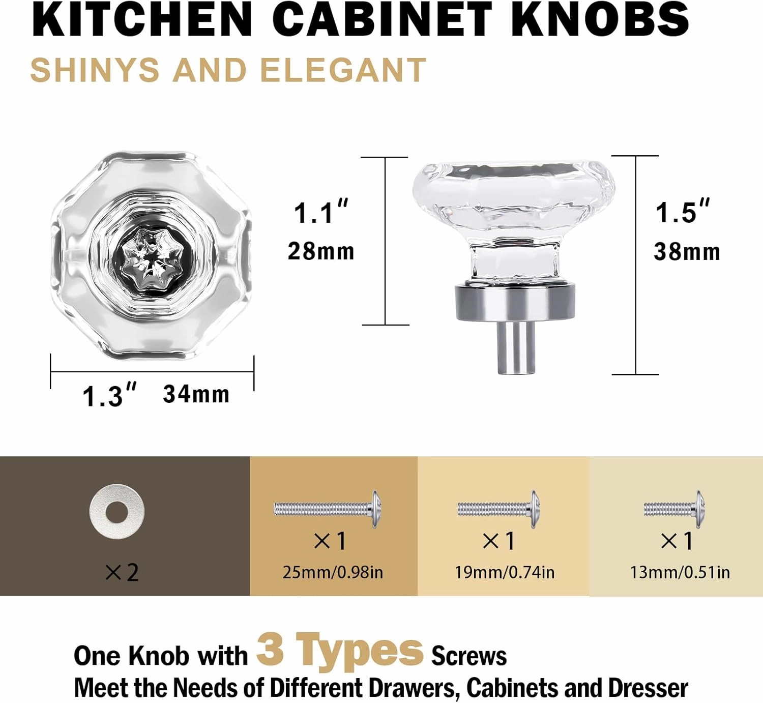 Clear Crystal Drawer Pulls and Knobs, Polished Chrome Glass Knobs for Cabinets Dresser Drawers Bathroom Kitchen, Octagon 16 Pcs