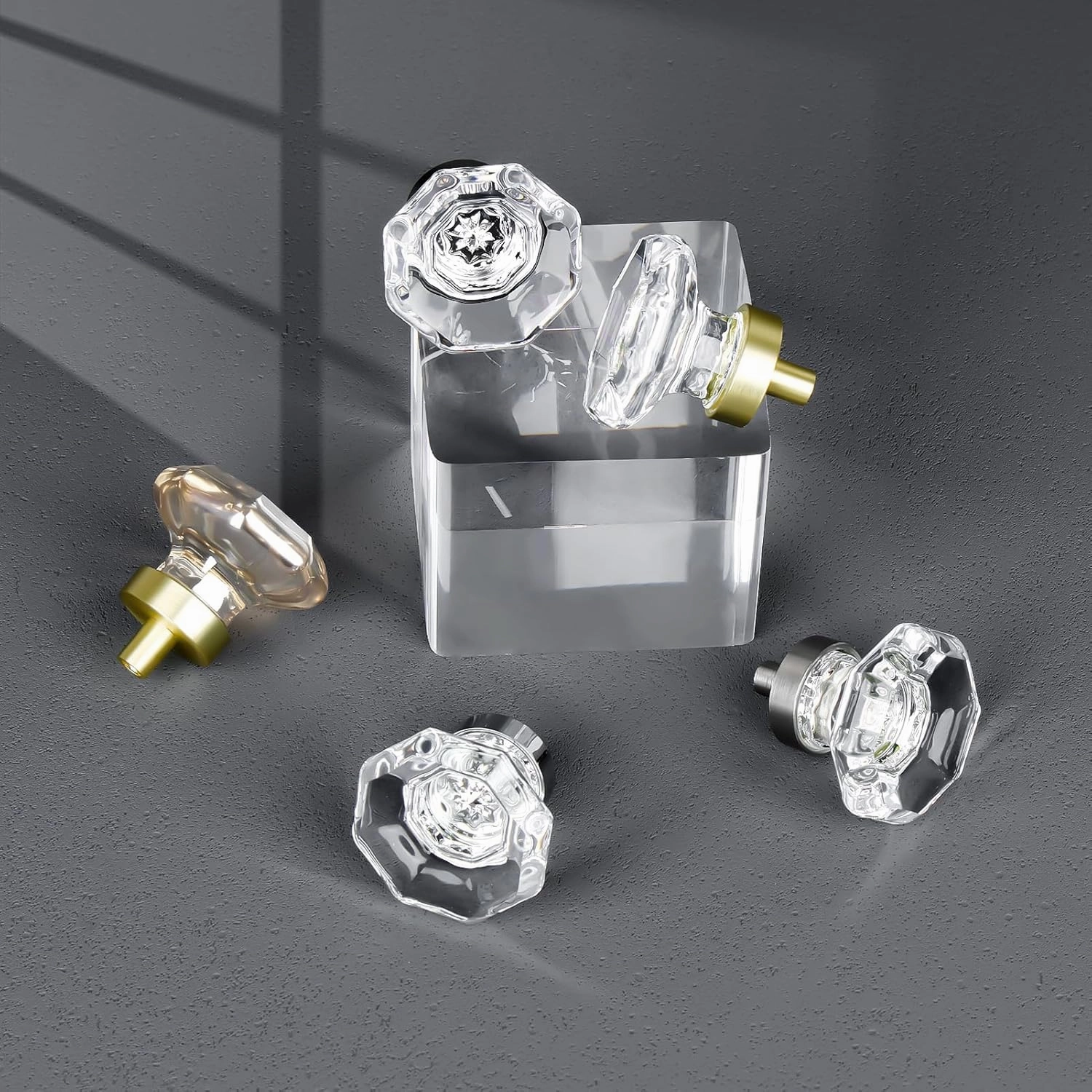 Clear Crystal Drawer Pulls and Knobs, Polished Chrome Glass Knobs for Cabinets Dresser Drawers Bathroom Kitchen, Octagon 16 Pcs