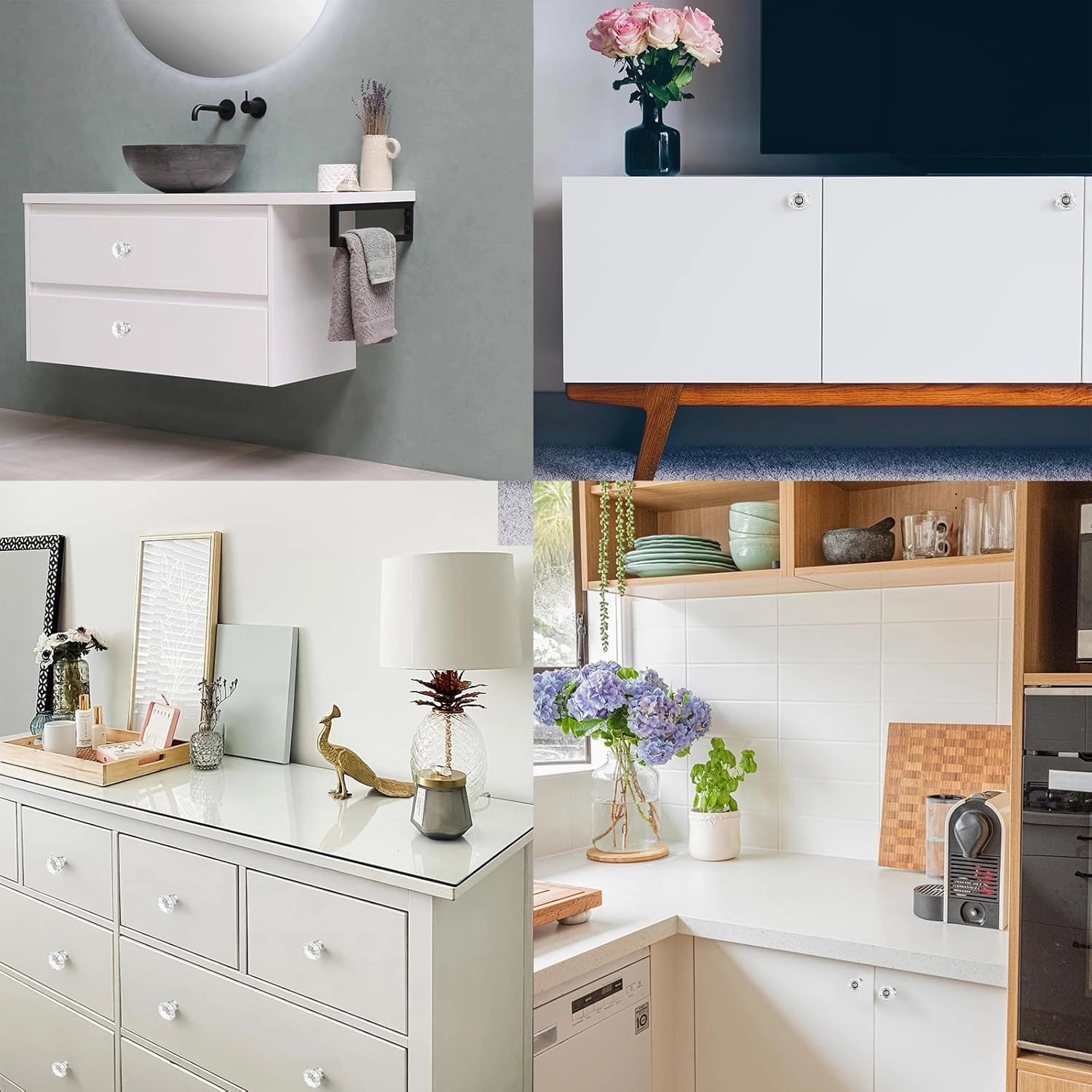 Clear Crystal Drawer Pulls and Knobs, Polished Chrome Glass Knobs for Cabinets Dresser Drawers Bathroom Kitchen, Octagon 16 Pcs