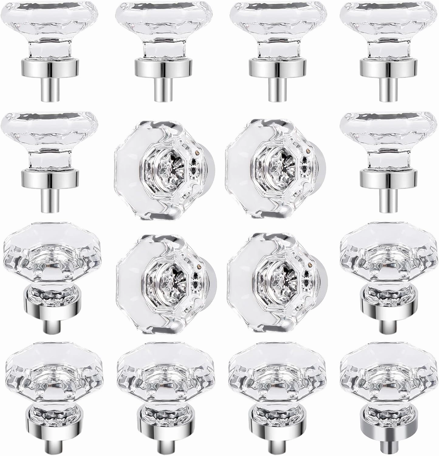 Clear Crystal Drawer Pulls and Knobs, Polished Chrome Glass Knobs for Cabinets Dresser Drawers Bathroom Kitchen, Octagon 16 Pcs