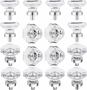 Clear Crystal Drawer Pulls and Knobs, Polished Chrome Glass Knobs for Cabinets Dresser Drawers Bathroom Kitchen, Octagon 16 Pcs