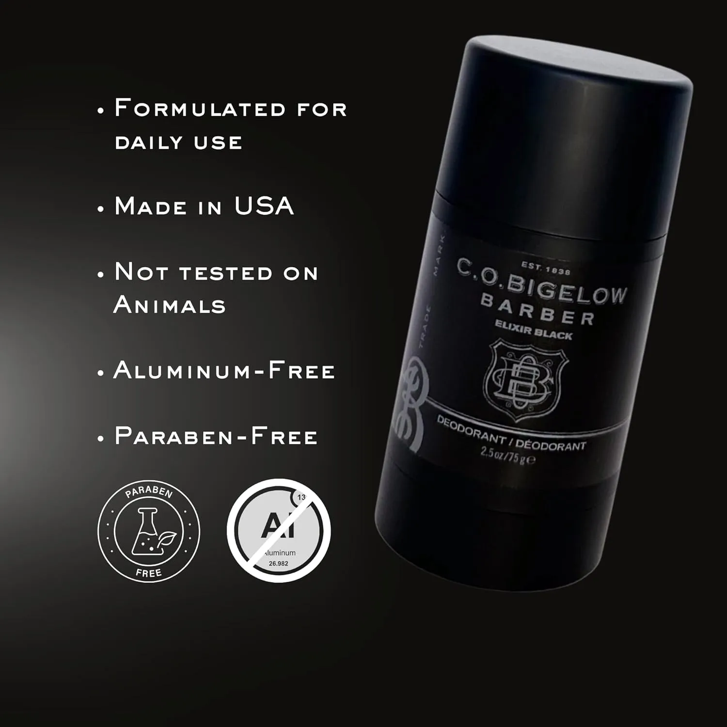 C.O. Bigelow Elixir Black Aluminum Free Deodorant No. 1620, Gel Deodorant Stick, 2.5 oz