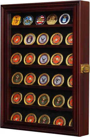 Coin Display Case Solid Wood Lockable Military Challenge Coin Display Shadow Box with Removable 2 Grooves Shelves and Anti Fade Acrylic Glass Door for Military Medals Coins (Mahogany Red)