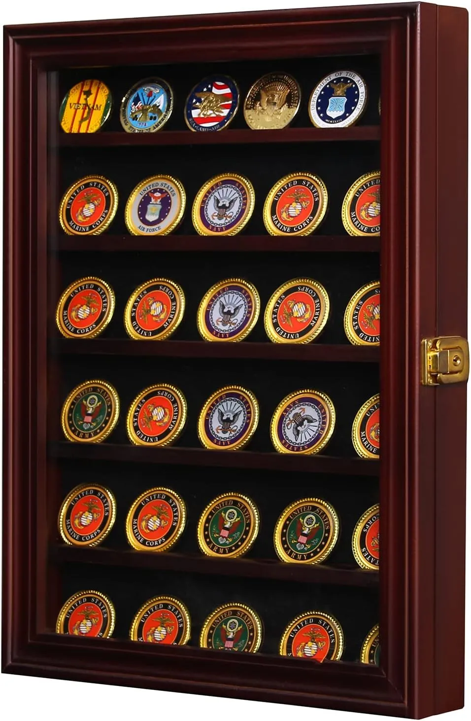 Coin Display Case Solid Wood Lockable Military Challenge Coin Display Shadow Box with Removable 2 Grooves Shelves and Anti Fade Acrylic Glass Door for Military Medals Coins (Mahogany Red)