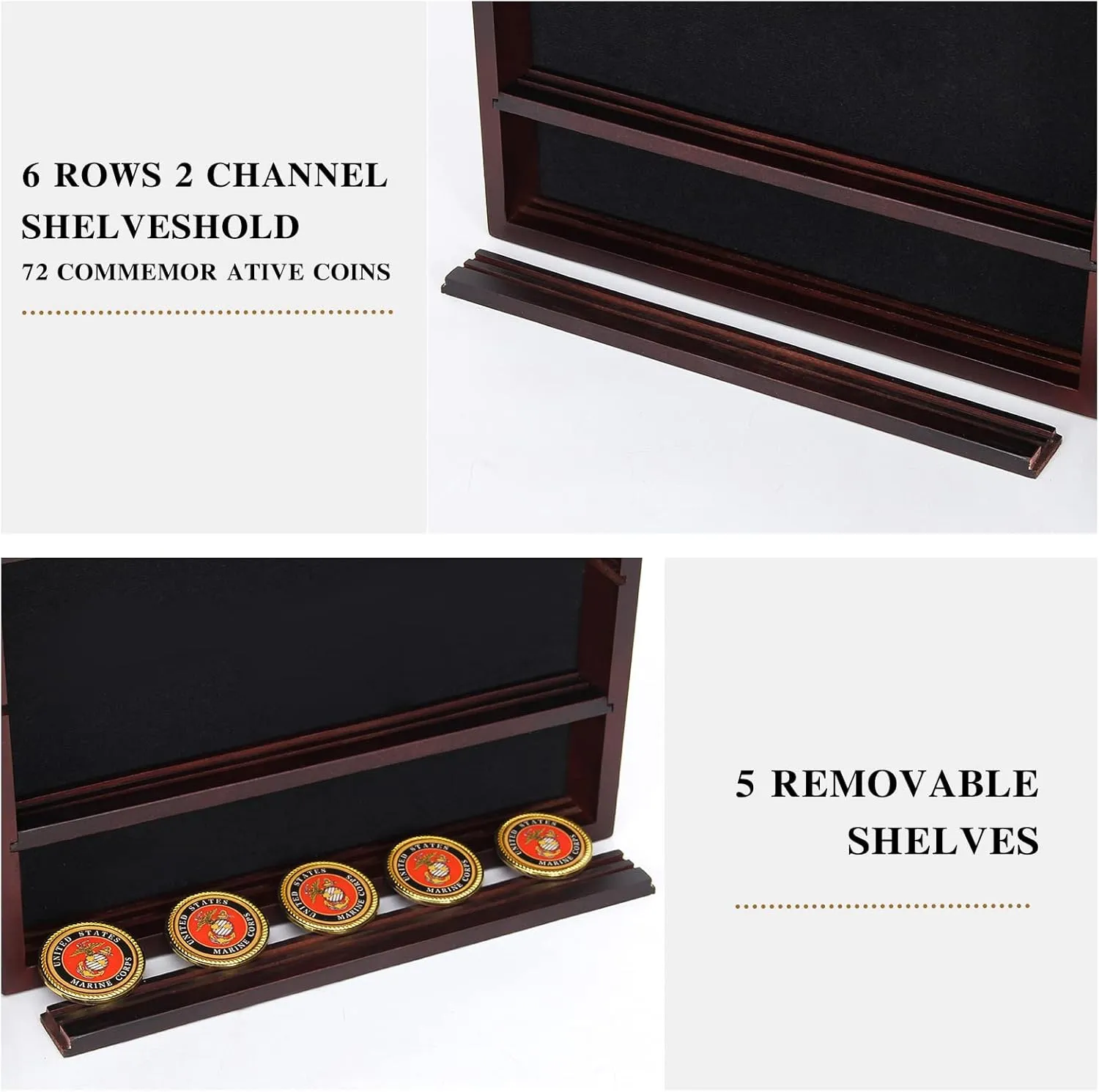 Coin Display Case Solid Wood Lockable Military Challenge Coin Display Shadow Box with Removable 2 Grooves Shelves and Anti Fade Acrylic Glass Door for Military Medals Coins (Mahogany Red)