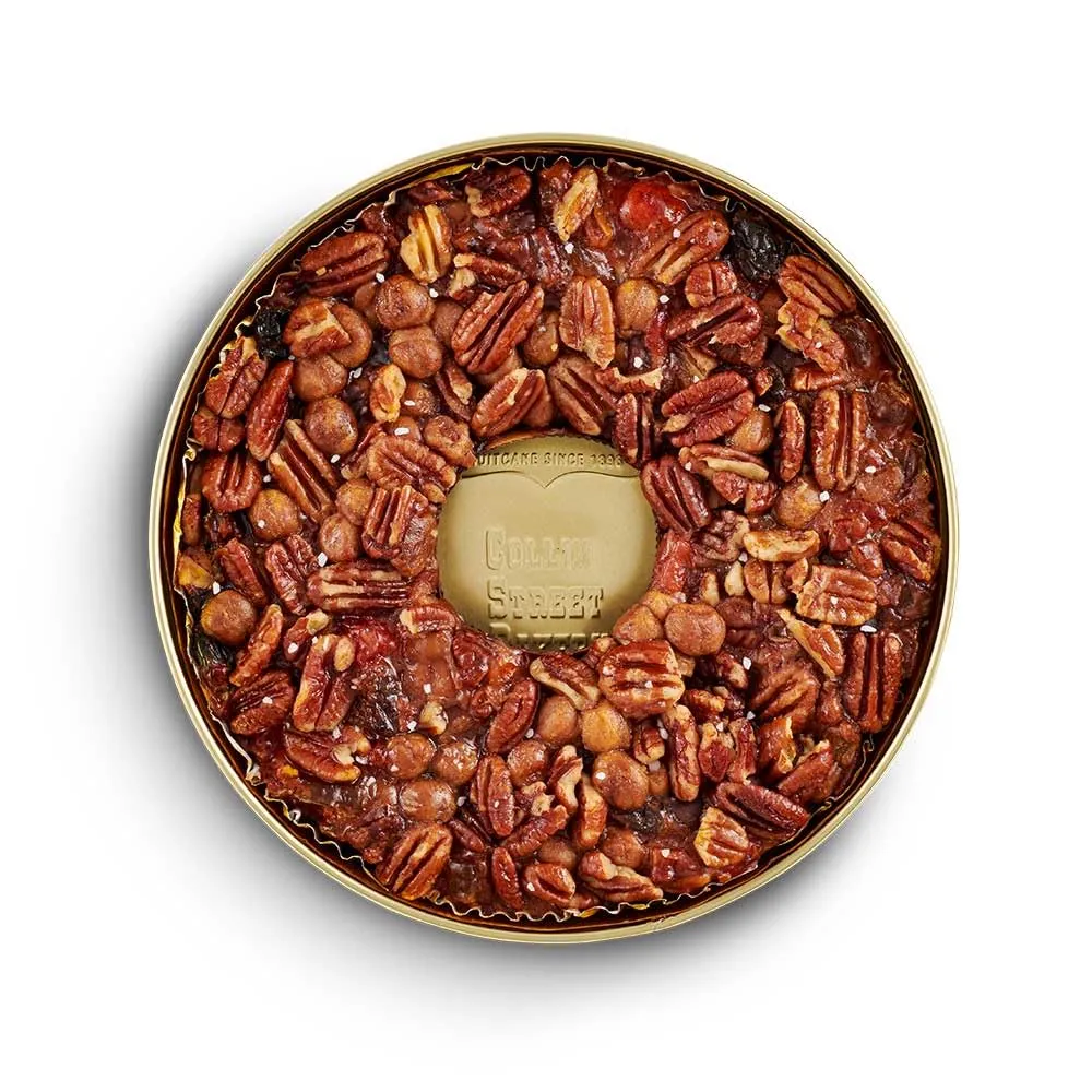 Collin Street Bakery Salted Caramel Pecan Cake in Collectible Gift Tin - 708 Regular Size 7” Cake with Pecans, Cherries, Pineapple, Caramel, Chocolate & Honey