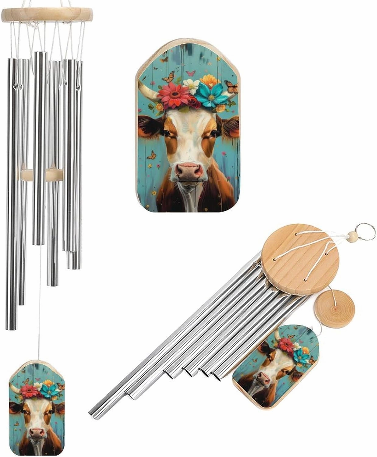 Colorful Cow Flower Wind Chimes Outside with Relaxing Rich Sound, Memorial Wind Chimes Gifts Porch Garden Backyard