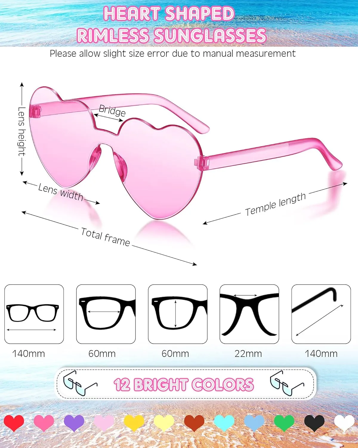 Colzzy 24 Pair Valentine Sunglasses Heart Shaped Rimless Glasses Candy Color Tinted Party Eyewear