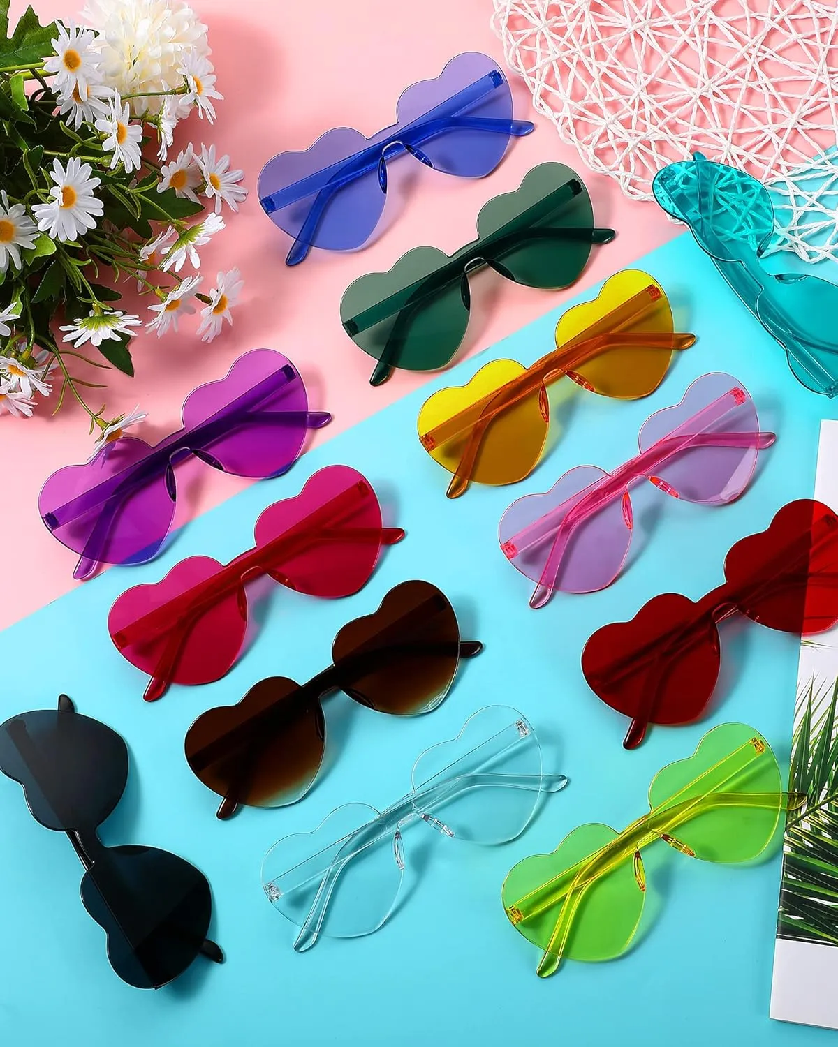 Colzzy 24 Pair Valentine Sunglasses Heart Shaped Rimless Glasses Candy Color Tinted Party Eyewear