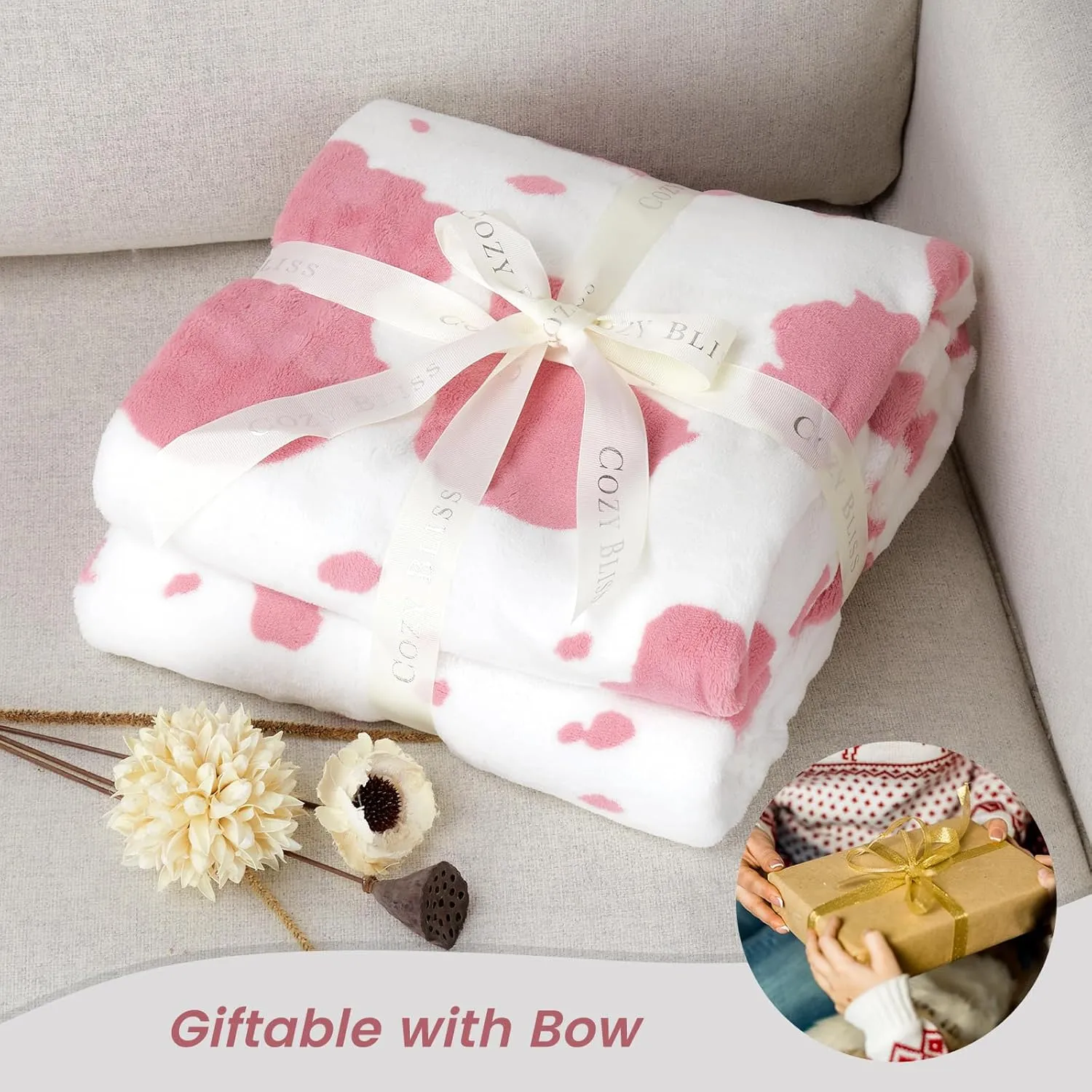 Cozy Bliss Cow Print Throw Blanket Non Shedding MilkyPlush™ Fleece 330GSM Thick Blankets Western Room Decor Super Soft Warm for Adults Kids Gifts Bedroom Couch Sofa Travel Pink Strawberry 50"x60"