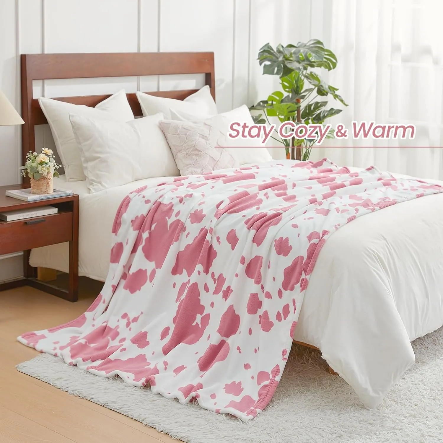 Cozy Bliss Cow Print Throw Blanket Non Shedding MilkyPlush™ Fleece 330GSM Thick Blankets Western Room Decor Super Soft Warm for Adults Kids Gifts Bedroom Couch Sofa Travel Pink Strawberry 50"x60"