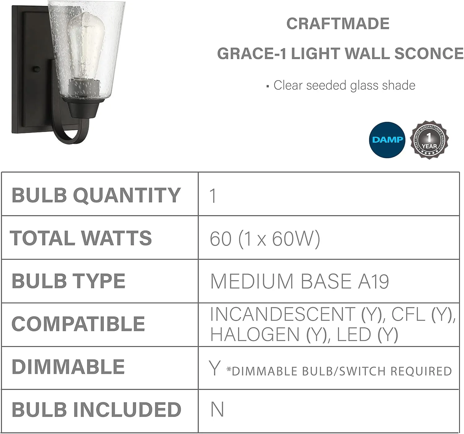Craftmade 41901-ESP-CS Grace Clear Seeded Glass Vanity Bath Lighting, 1-Light 60 Watt, Espresso