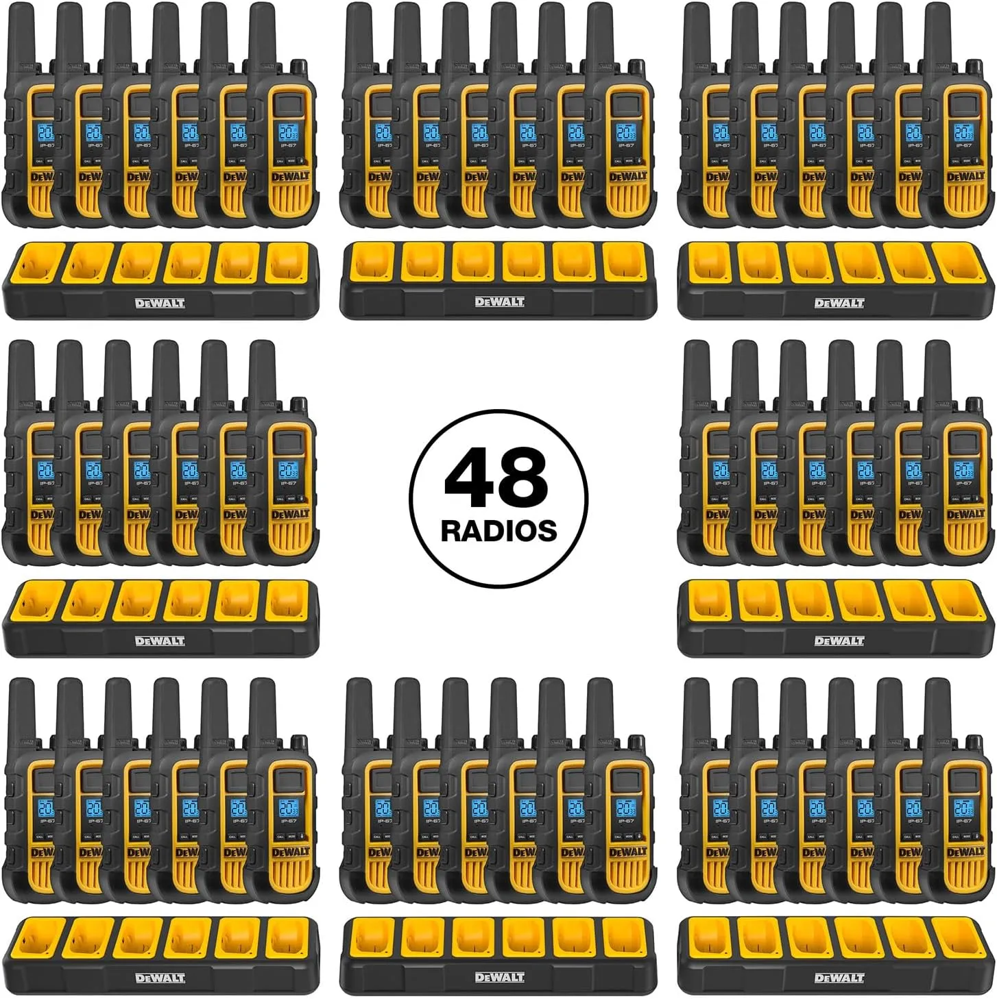 DEWALT DXFRS800 2 Watt Heavy Duty Walkie Talkies - Waterproof, Shock Resistant, Long Range & Rechargeable Two-Way Radio with VOX (48 Pack w/ 8X Gang Chargers) (8DXFRS800-BCH6)