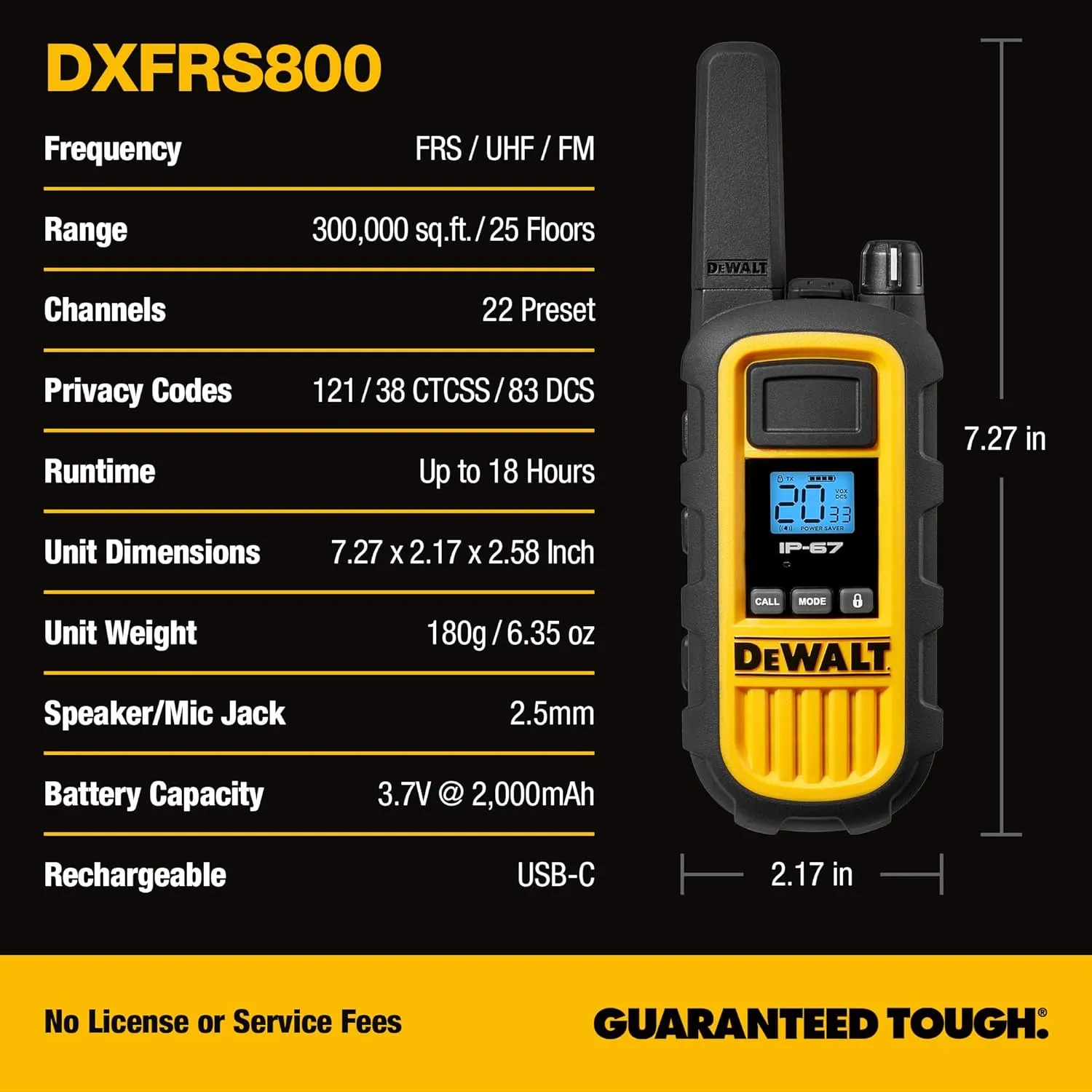 DEWALT DXFRS800 2 Watt Heavy Duty Walkie Talkies - Waterproof, Shock Resistant, Long Range & Rechargeable Two-Way Radio with VOX (6 Pack w/Gang Charger) (DXFRS800-BCH6)