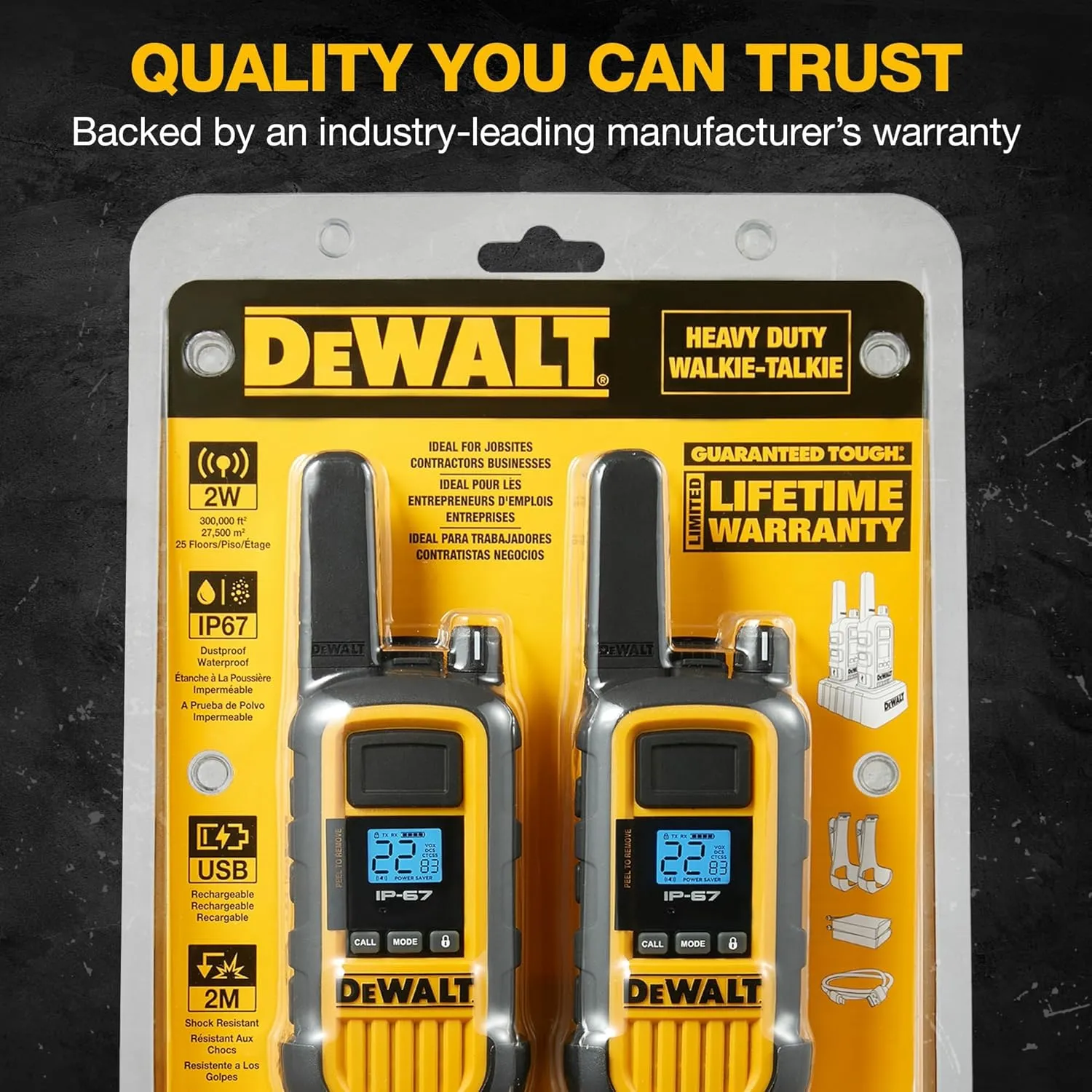 DEWALT DXFRS800 2 Watt Heavy Duty Walkie Talkies - Waterproof, Shock Resistant, Long Range & Rechargeable Two-Way Radio with VOX (6 Pack w/Gang Charger) (DXFRS800-BCH6)