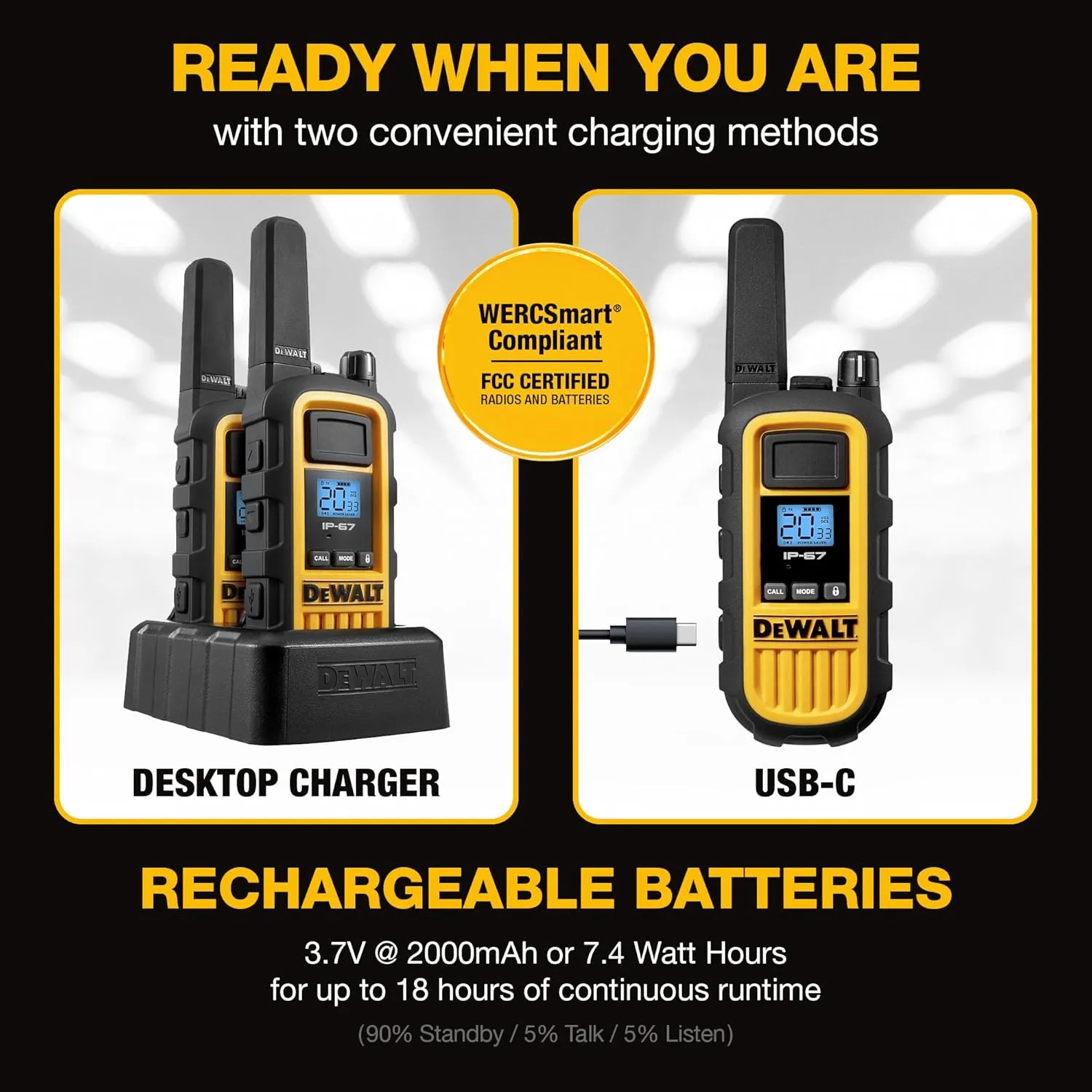 DEWALT DXFRS800 2 Watt Heavy Duty Walkie Talkies - Waterproof, Shock Resistant, Long Range & Rechargeable Two-Way Radio with VOX (6 Pack w/Gang Charger) (DXFRS800-BCH6)