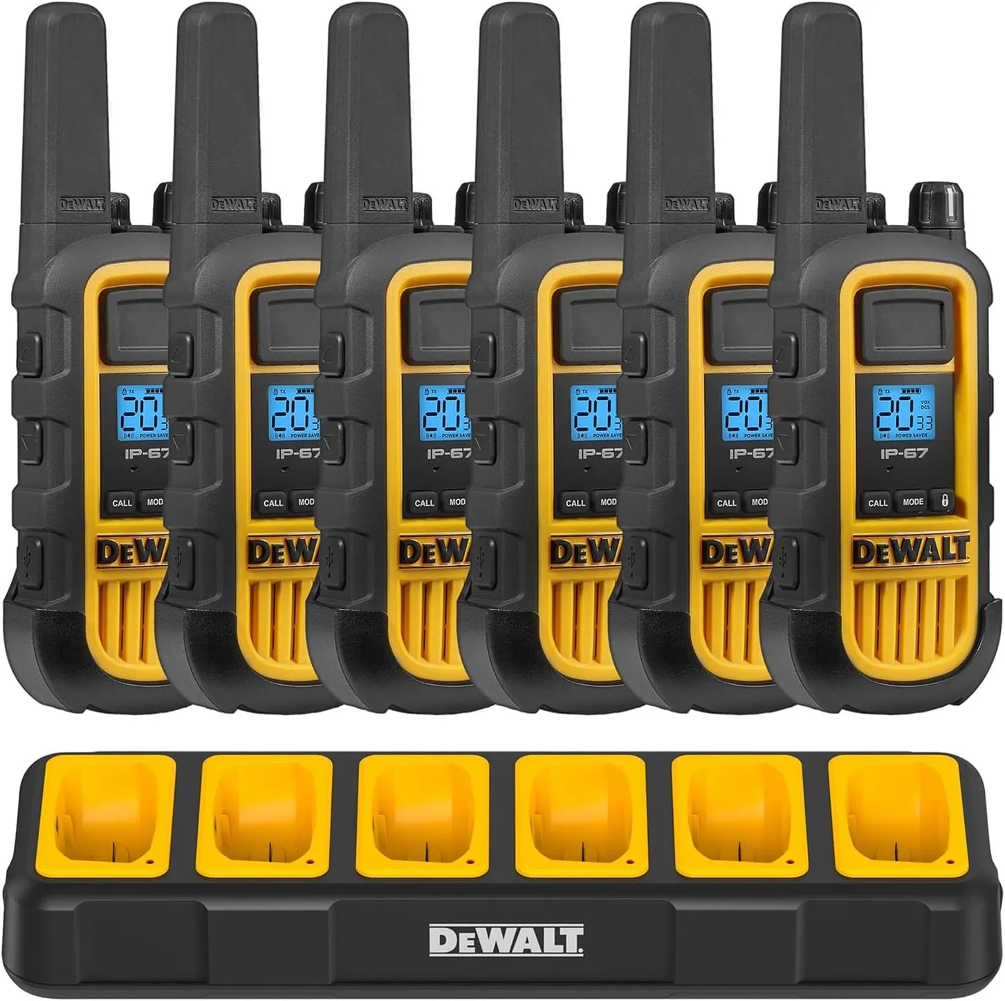 DEWALT DXFRS800 2 Watt Heavy Duty Walkie Talkies - Waterproof, Shock Resistant, Long Range & Rechargeable Two-Way Radio with VOX (6 Pack w/Gang Charger) (DXFRS800-BCH6)
