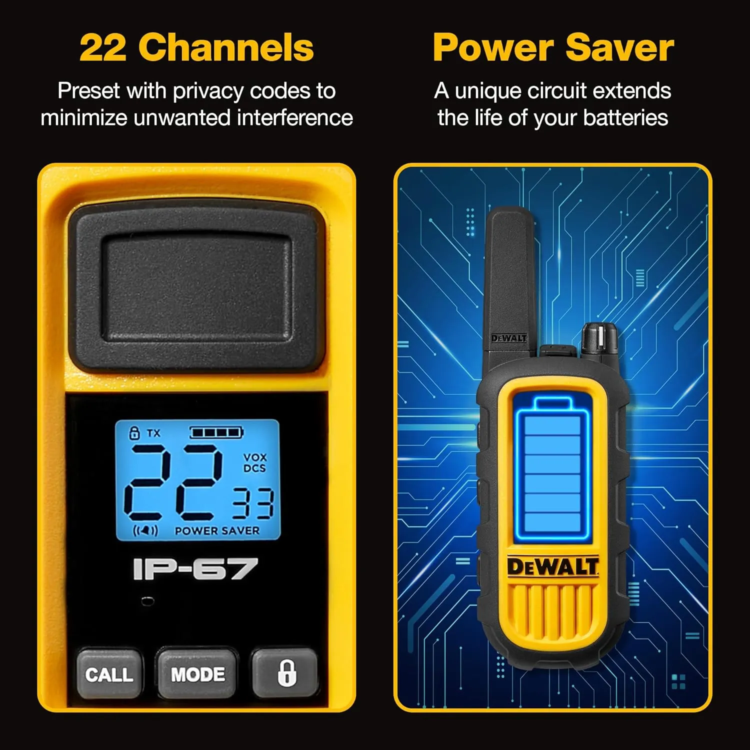 DEWALT DXFRS800 2 Watt Heavy Duty Walkie Talkies - Waterproof, Shock Resistant, Long Range & Rechargeable Two-Way Radio with VOX (6 Pack w/Gang Charger) (DXFRS800-BCH6)
