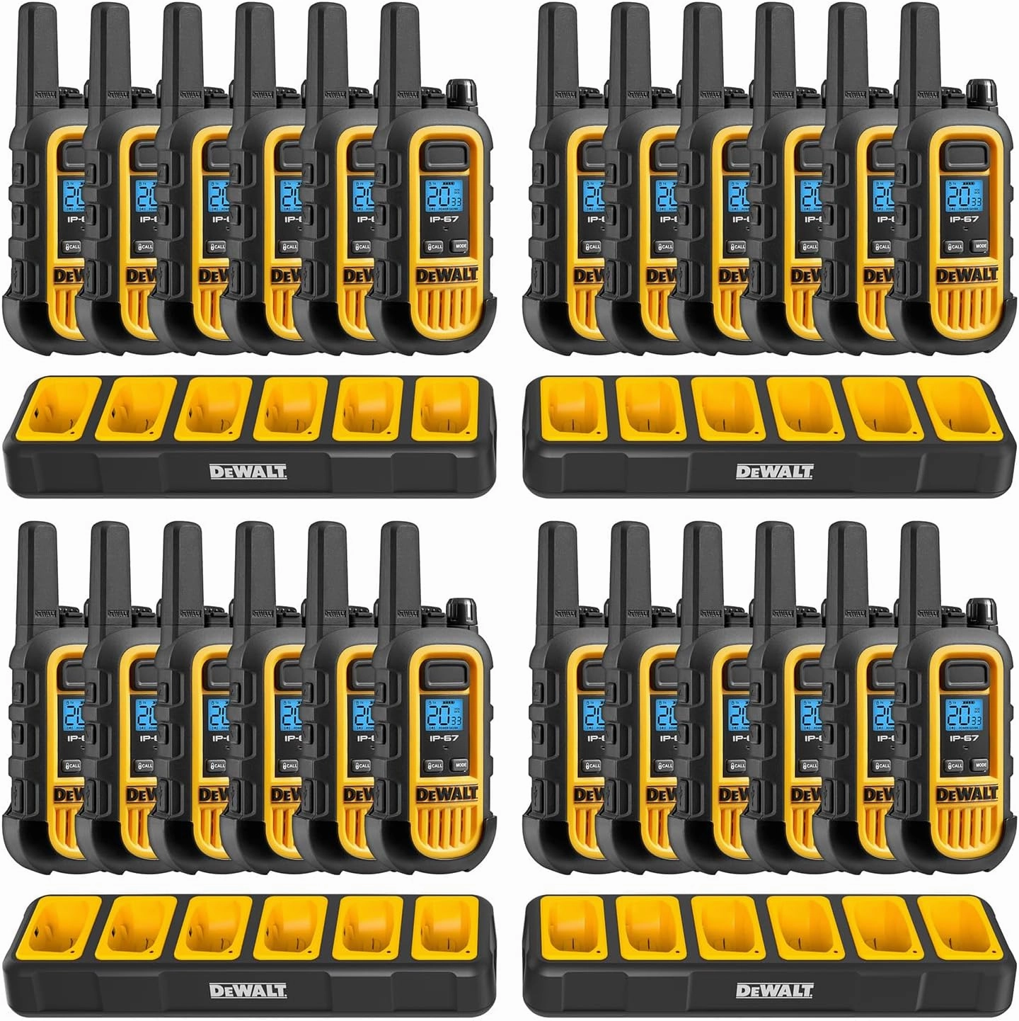DEWALT DXFRS300 1 Watt Heavy Duty Walkie Talkies - Waterproof, Shock Resistant, Long Range & Rechargeable Two-Way Radio with VOX (24 Pack w/ 4X Gang Chargers) (4DXFRS300-BCH6)