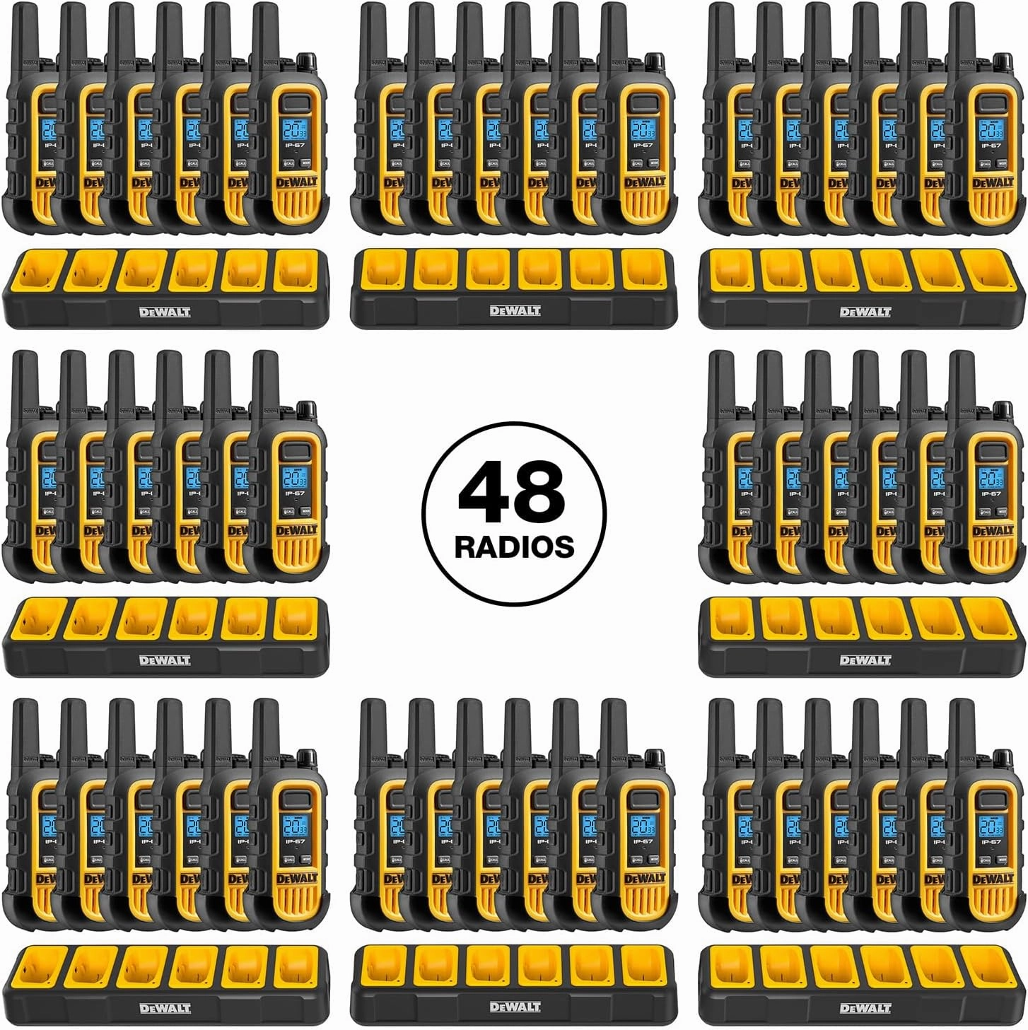 DEWALT DXFRS300 1 Watt Heavy Duty Walkie Talkies - Waterproof, Shock Resistant, Long Range & Rechargeable Two-Way Radio with VOX (48 Pack w/ 8X Gang Chargers) (8DXFRS300-BCH6)
