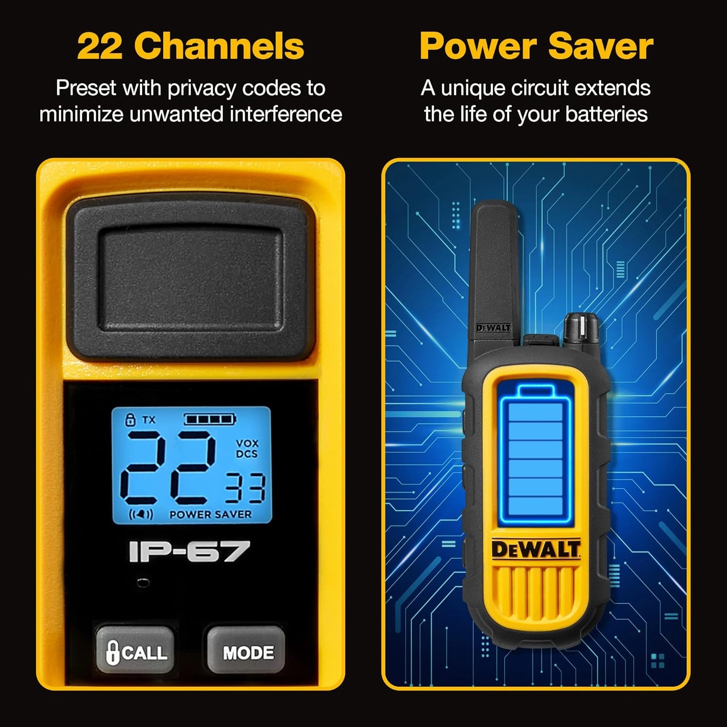 DEWALT DXFRS300 1 Watt Heavy Duty Walkie Talkies with Headsets - Waterproof, Shock Resistant, Long Range & Rechargeable Two-Way Radio with VOX (6 Pack)
