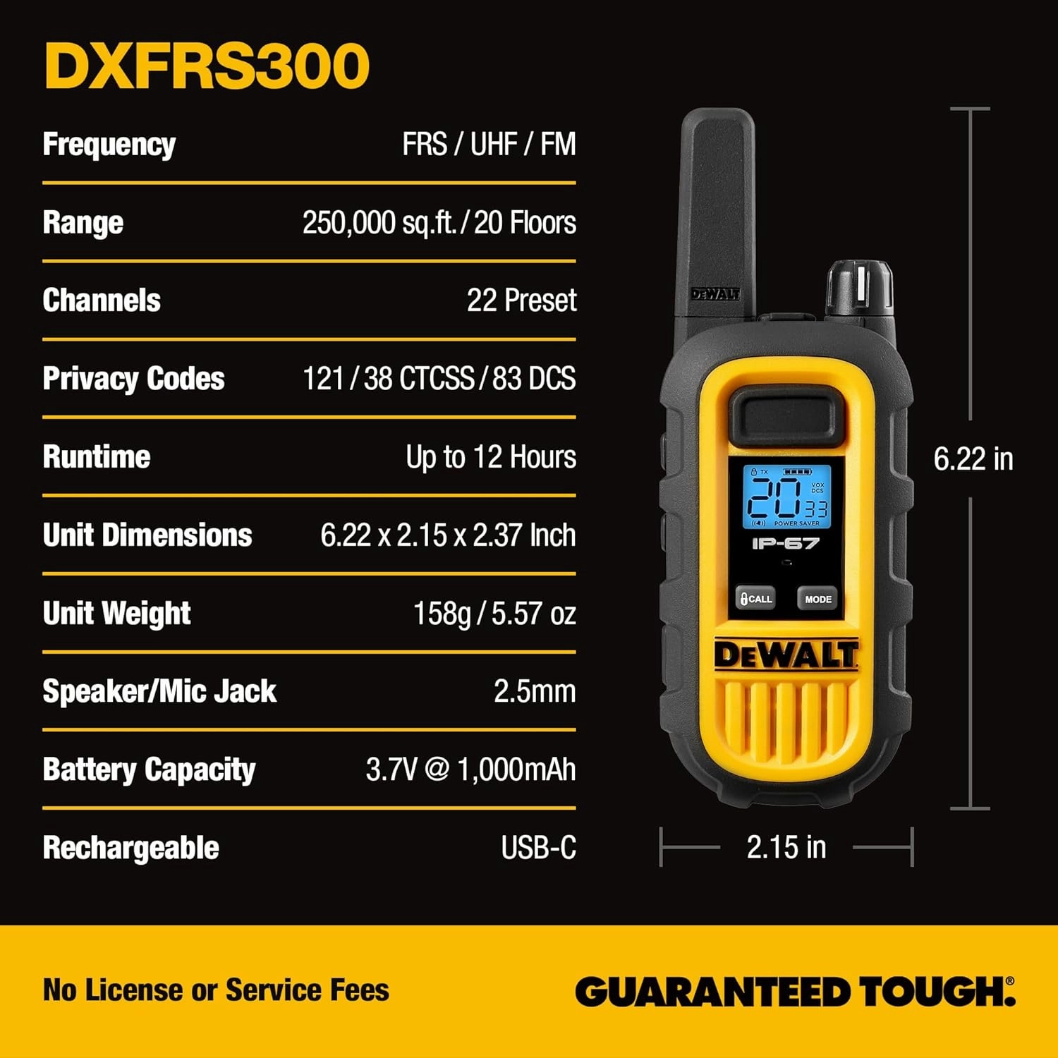 DEWALT DXFRS300 1 Watt Heavy Duty Walkie Talkies with Headsets - Waterproof, Shock Resistant, Long Range & Rechargeable Two-Way Radio with VOX (6 Pack)