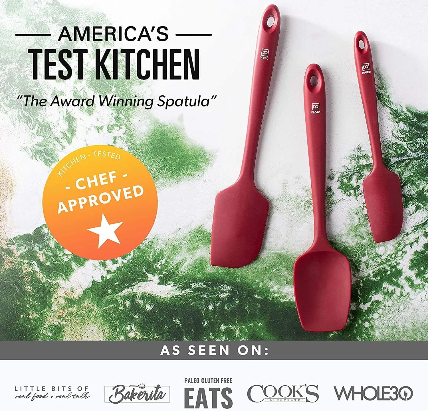 di Oro Living Silicone Spatula Set - 3-piece 600F Heat-Resistant Baking Spoon & Spatulas - Ergonomic Easy-to-Clean Seamless One-Piece Design - Pro Grade Non-stick Rubber with Stainless Steel S-Core Technology! (Red)