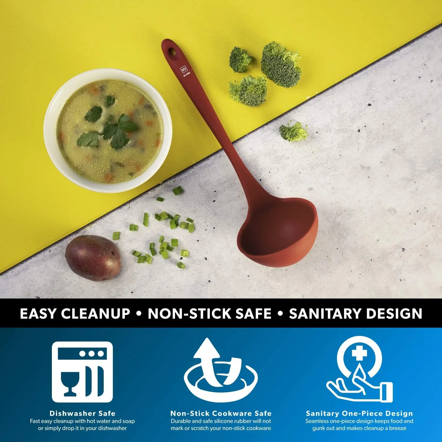 DI ORO Silicone Ladle – Soup Ladle for Cooking & Serving Heat-Resistant - Large Kitchen Soup Ladle Nonstick Cookware Safe - Soup Serving Spoon with Wide Bowl - Silicone Utensil Dishwasher Safe (Red)