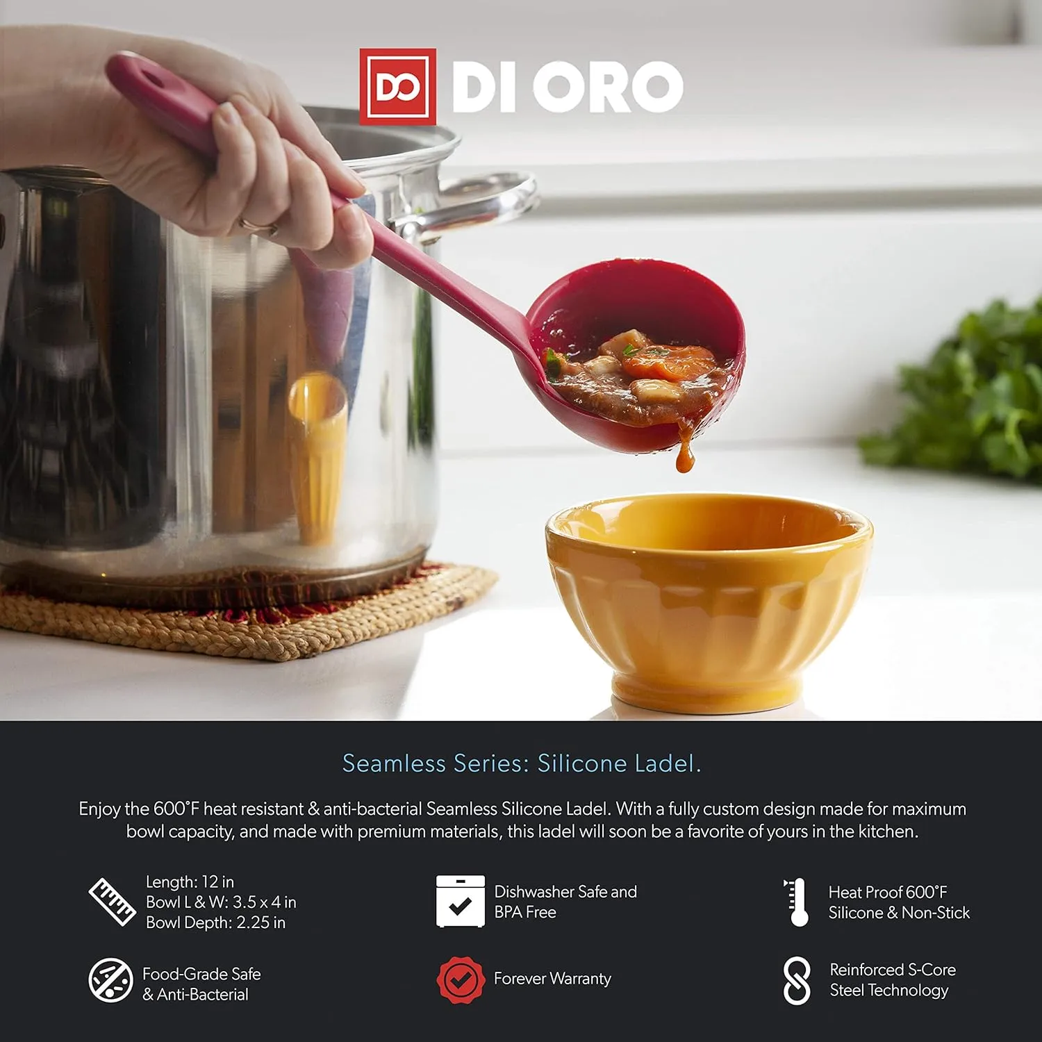 DI ORO Silicone Ladle – Soup Ladle for Cooking & Serving Heat-Resistant - Large Kitchen Soup Ladle Nonstick Cookware Safe - Soup Serving Spoon with Wide Bowl - Silicone Utensil Dishwasher Safe (Red)