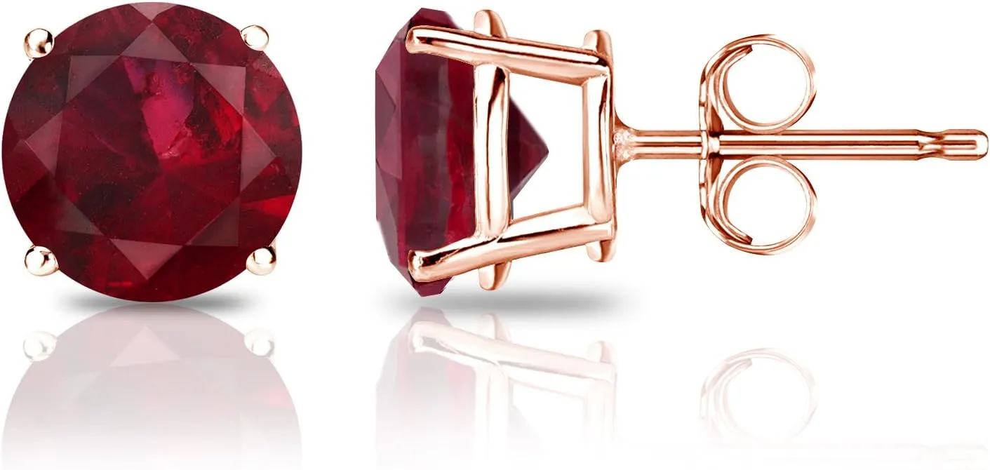 Diamond Wish - 14k Rose Gold Round Ruby Gemstone Stud Earrings in 4-Prong Basket Push Backs (1 cttw)
